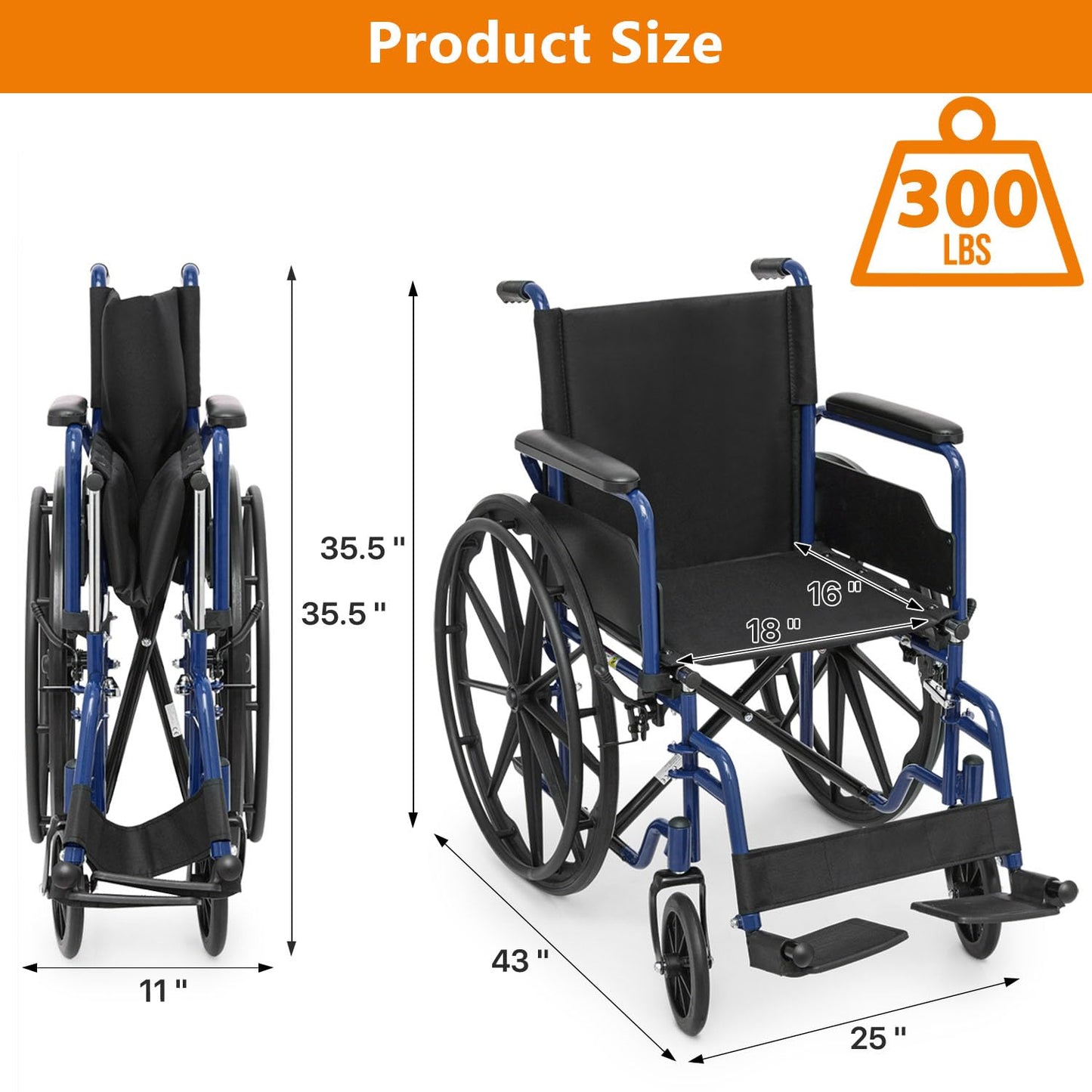 Wheelchair, Folding Transport Wheelchair with Swing-Away Foot Rest and Removable Flip Back Armrests, 18" Wide Seat for Adults Seniors Transfers, 300lbs, Black