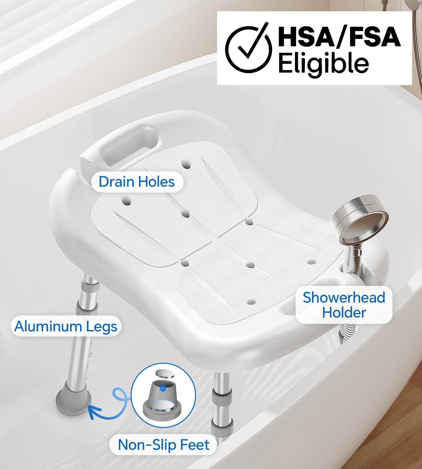 Shower Chair for Inside Shower, FSA/HSA Eligible, Adjustable Shower Stool with Strong Non-Slip Feet, 350 lbs Shower Seat for Inside Tub, Bench Bath Chair for Elderly and Disabled, White