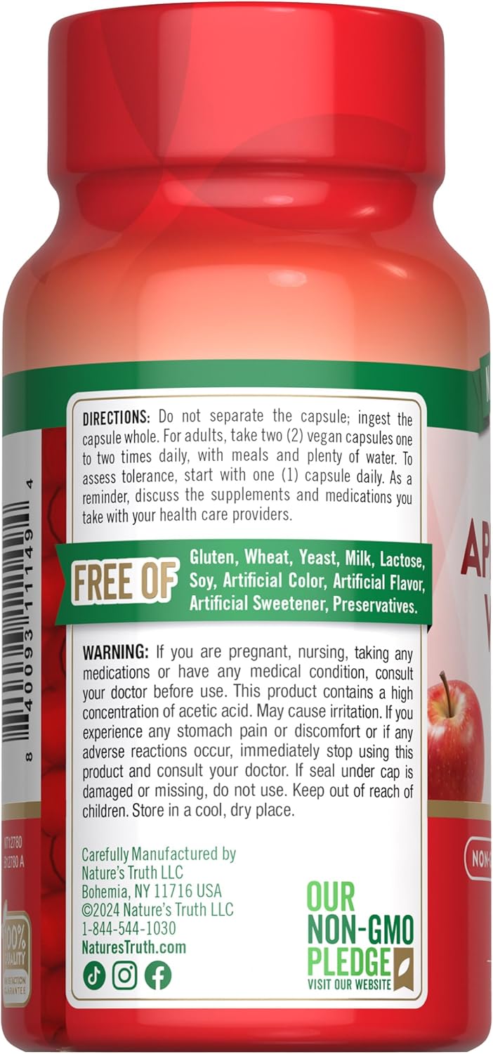 Nature's Truth Apple Cider Vinegar Vegan Capsules | 1200mg | 60 Veggie Pills | Extra Strength | Vegan, Non-GMO and Gluten Free Supplement