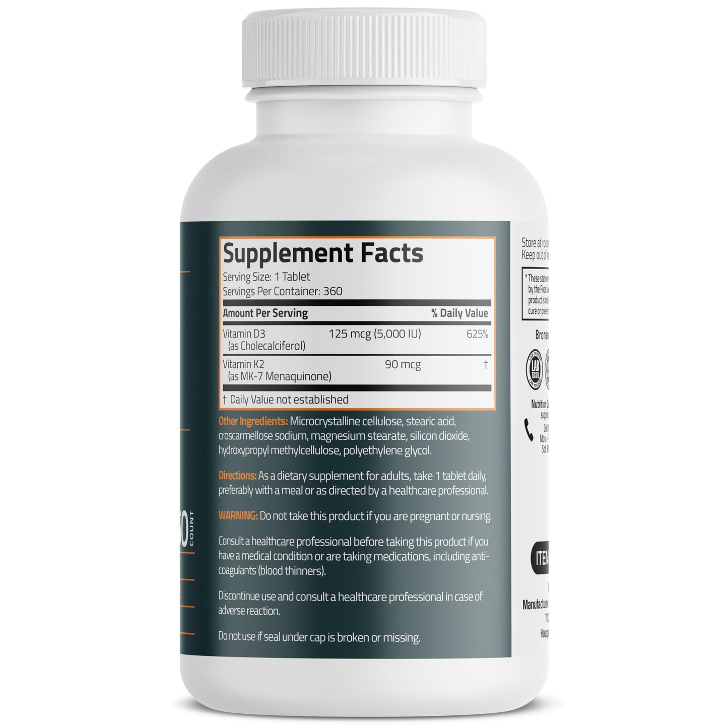 Bronson Vitamin K2 D3 (MK7) Supplement Non-GMO Formula Vitamin D3 5000IU (125 mcg) & 90 mcg K2 MK-7, Easy to Swallow D & K Complex, 120 Tablets