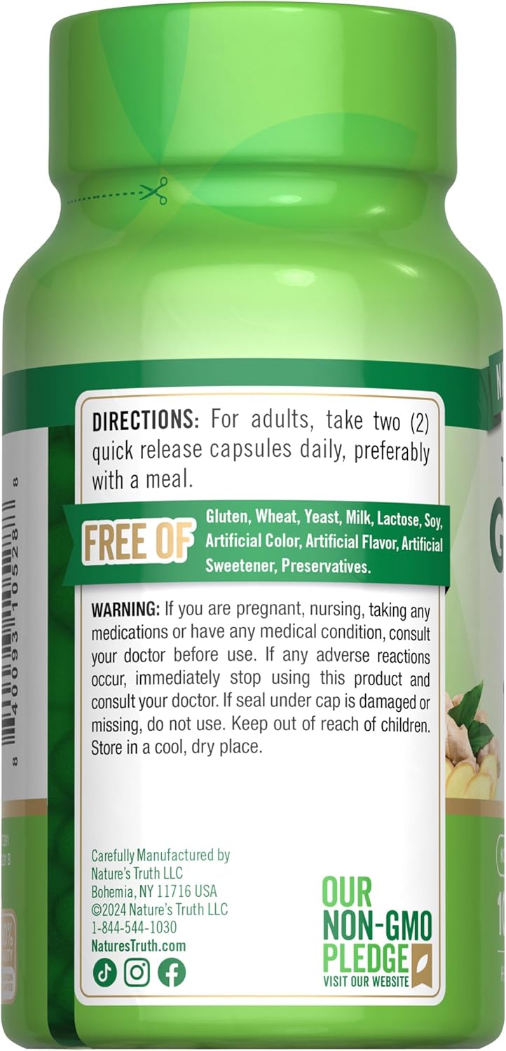 Nature's Truth Ginger Root Capsules | 1,500mg | 100 Count | from Ginger Root Extract | Non-GMO and Gluten Free Supplement