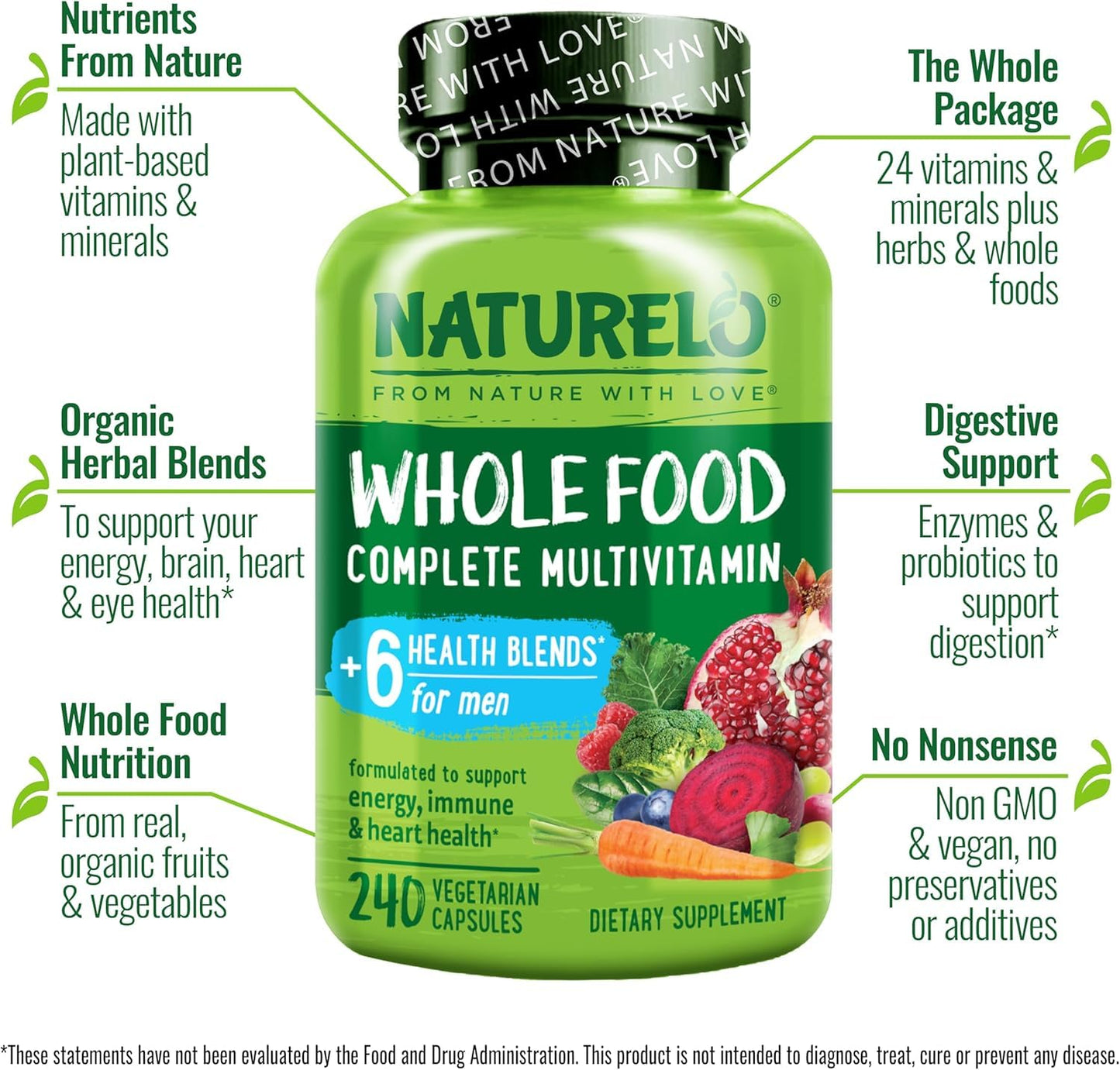 NATURELO Mens Multivitamins - Whole Food Multivitamin for Men with Vitamins, Minerals - 120 Vegetarian Capsules for Energy, Brain, Heart, Eye Health*