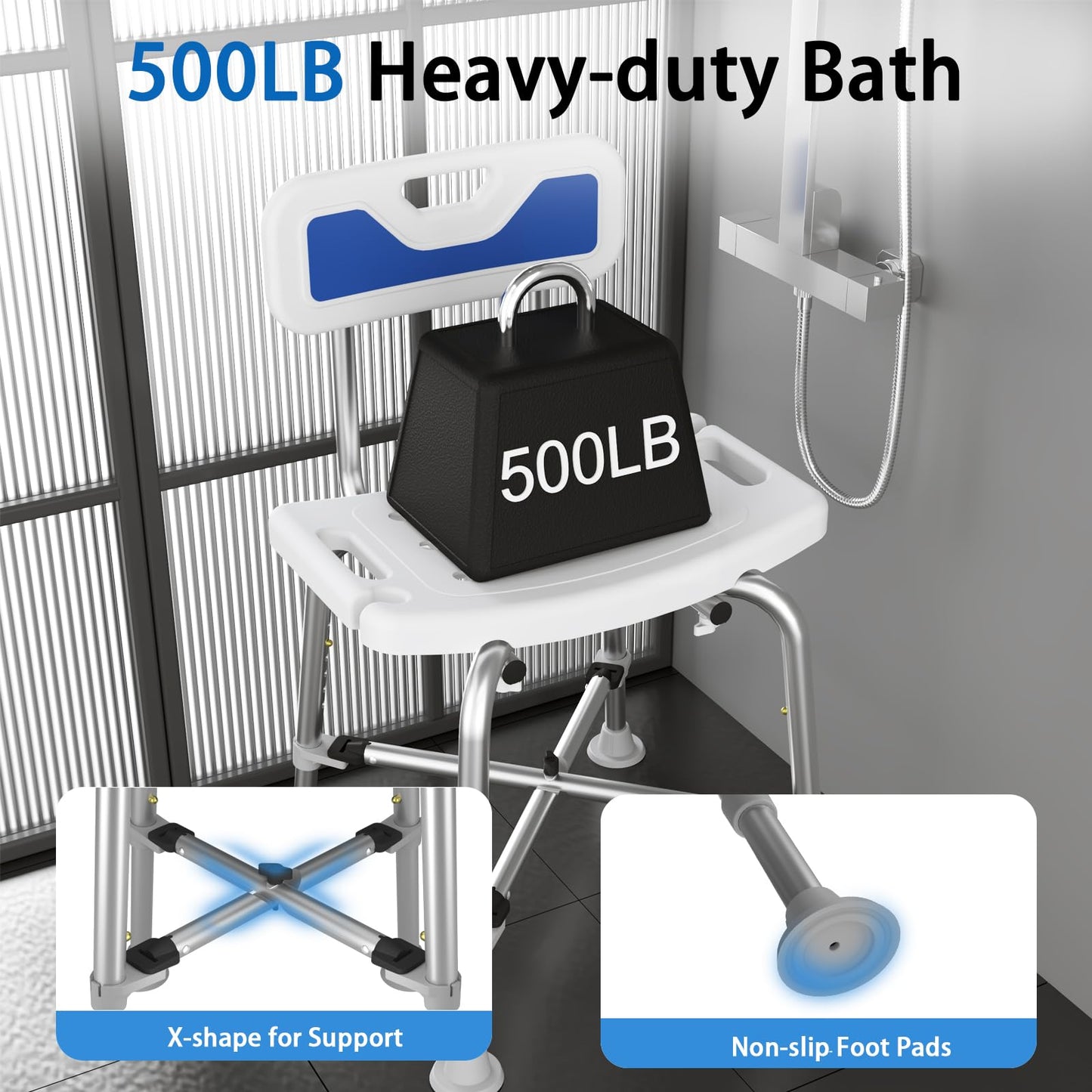 Adjustable Small Stool Shower Chair for Seniors Elderly Handicap Disabled Bariatric Adults Or Women with Back Heavy Duty 500 Lbs Bench Seat for Inside Shower Stall Bathroom Bath Tub Seats Chairs