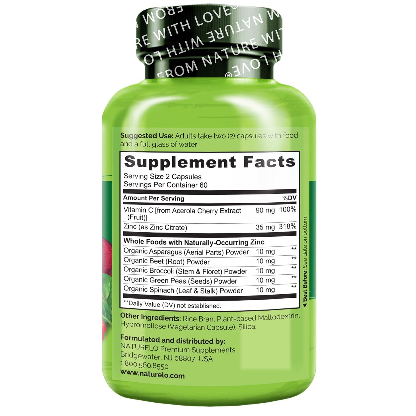 NATURELO Vegan Zinc Immune Support Capsules - Whole Food Complex with Vitamin C for Healthy Skin, Hair, and Nails - 120 Capsules
