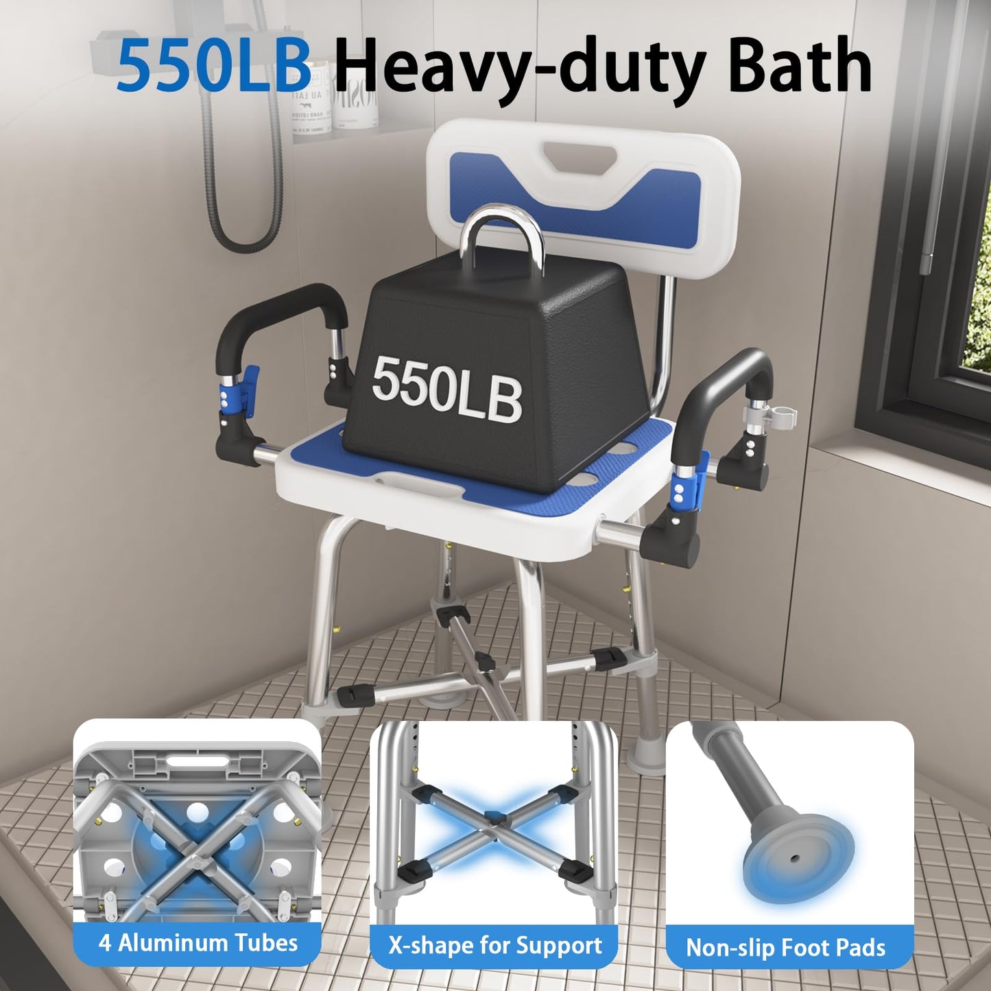 Shower Chair with Arms and Back Heavy Duty 500 lbs for Seniors Elderly Disabled or Bariatric Adults Bench Seat for Inside Shower Stall and Bathroom Bath Tub Seats