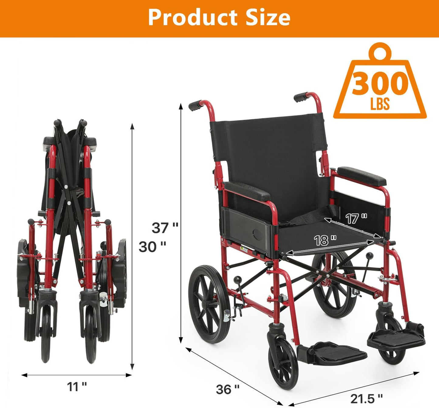 Wheelchair, Folding Transport Wheelchair with Swing-Away Foot Rest and Removable Flip Back Armrests, 18" Wide Seat for Adults Seniors Transfers, 300lbs, Black