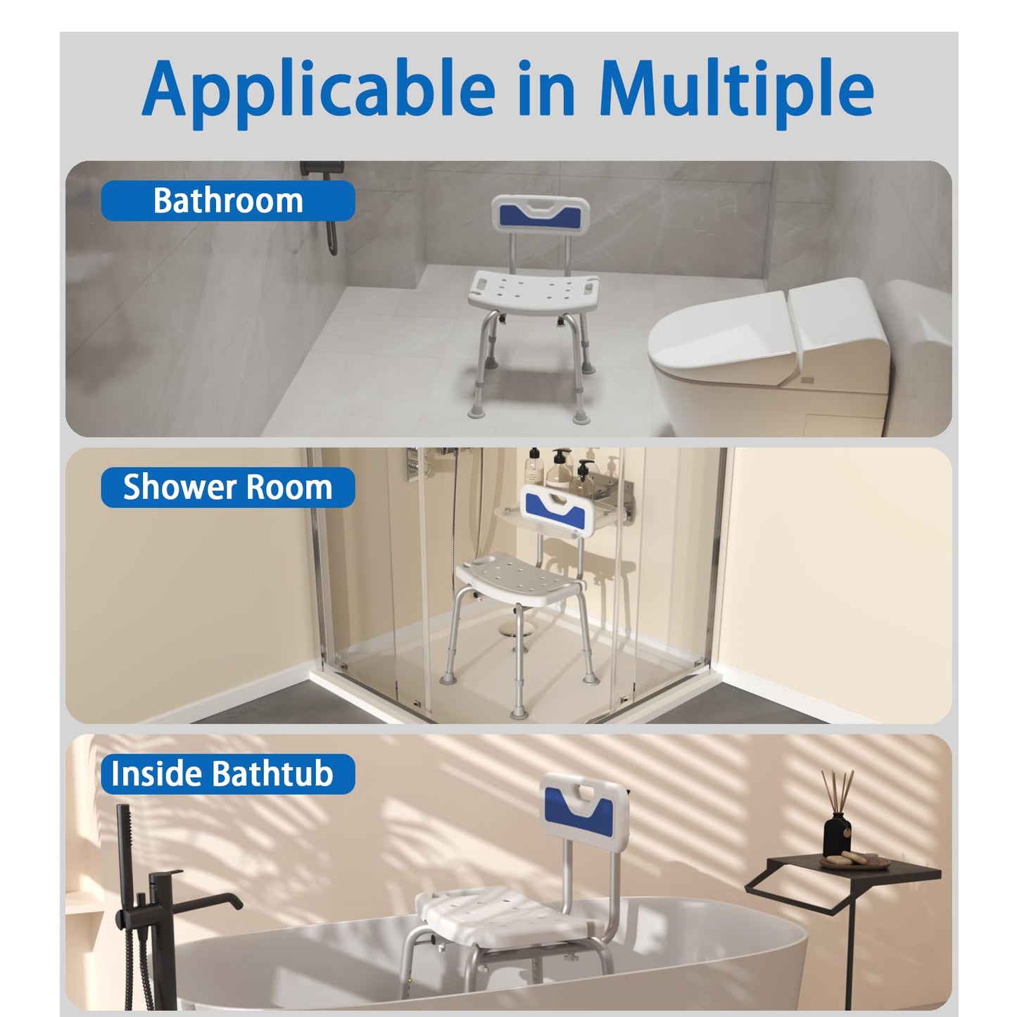 Adjustable Small Stool Shower Chair for Seniors Elderly Handicap Disabled Bariatric Adults Or Women with Back Heavy Duty 500 Lbs Bench Seat for Inside Shower Stall Bathroom Bath Tub Seats Chairs