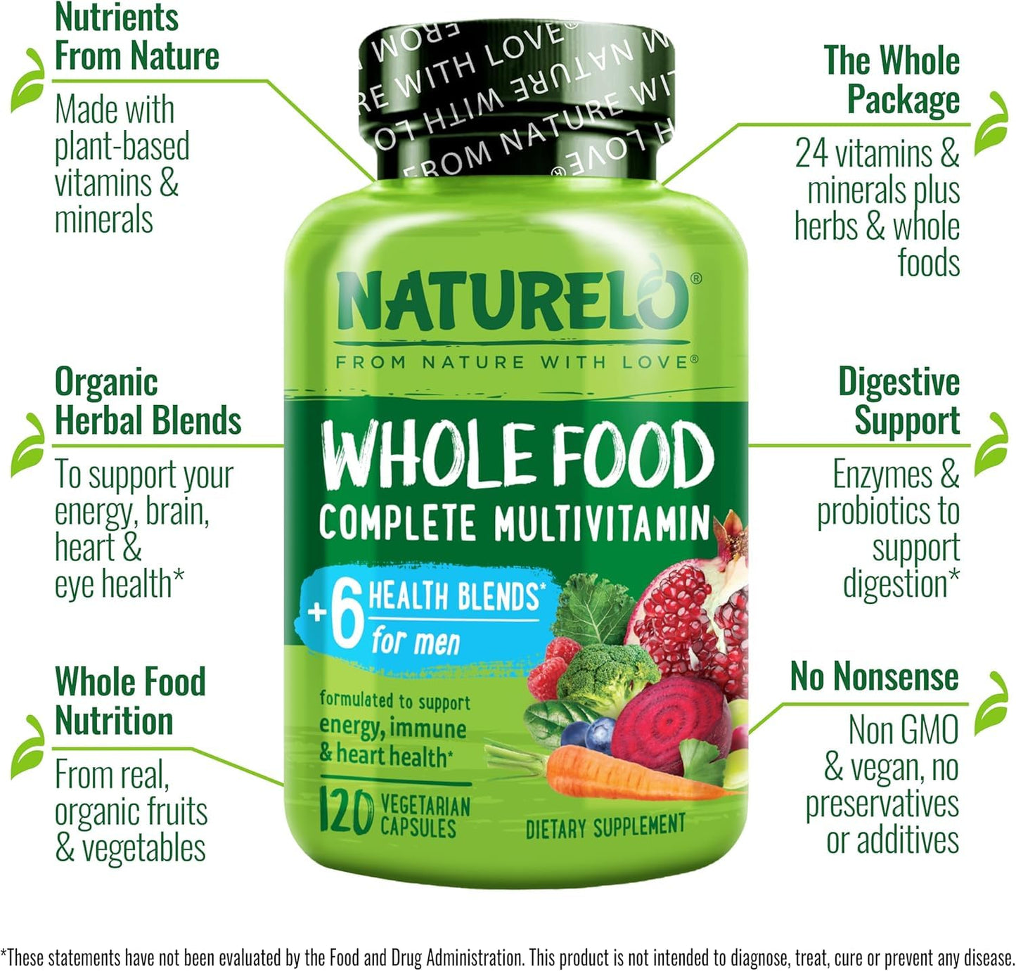 NATURELO Mens Multivitamins - Whole Food Multivitamin for Men with Vitamins, Minerals - 120 Vegetarian Capsules for Energy, Brain, Heart, Eye Health*