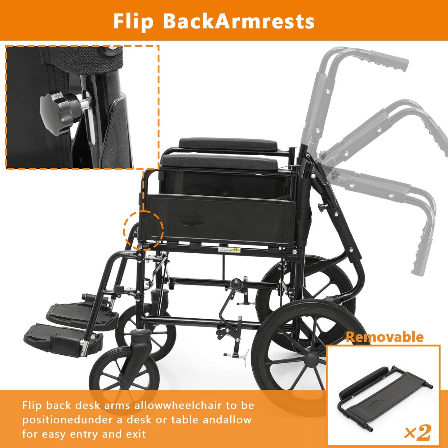 Wheelchair, Folding Transport Wheelchair with Swing-Away Foot Rest and Removable Flip Back Armrests, 18" Wide Seat for Adults Seniors Transfers, 300lbs, Black
