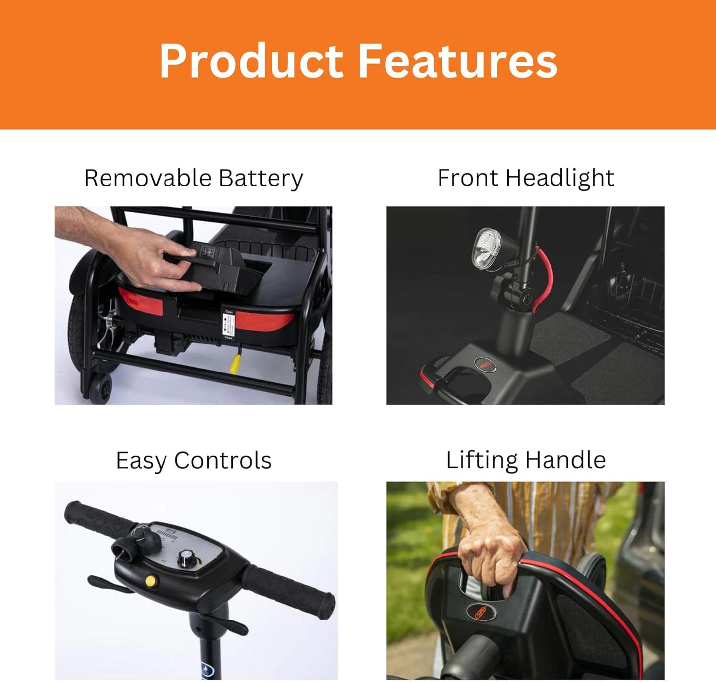 FeatherMobility - Black 4 Wheel Mobility Scooter 37 lb Frame - Long Range Battery, Compact Fold for Travel, with Arm Rests, and Basket - 265 lb Capacity