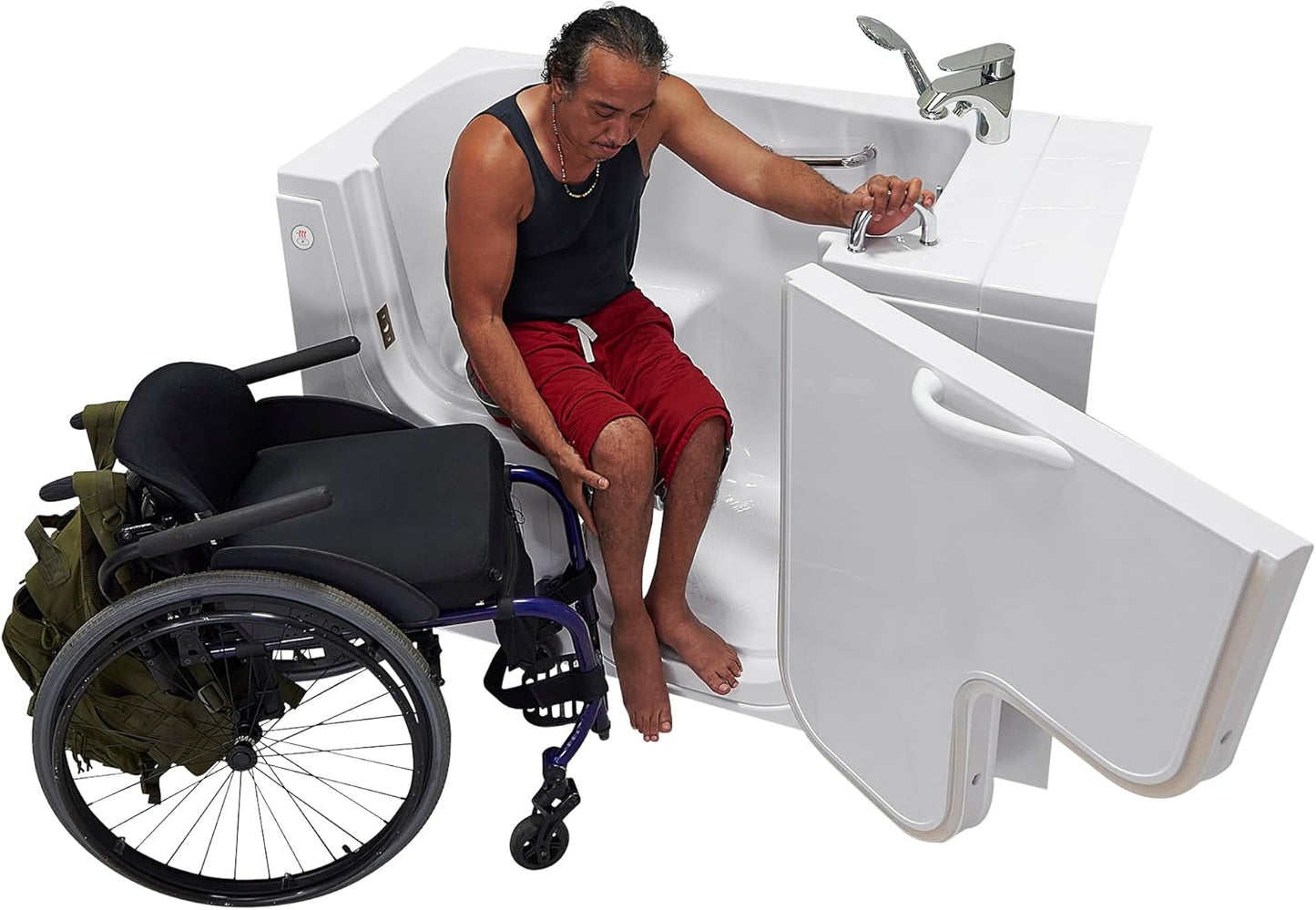Ella Wheelchair Transfer 26"x52" Acrylic Soaking Walk-In-Bathtub, Right Outward Swing Door, 2 Piece Fast Fill Faucet, 2" Dual Drain