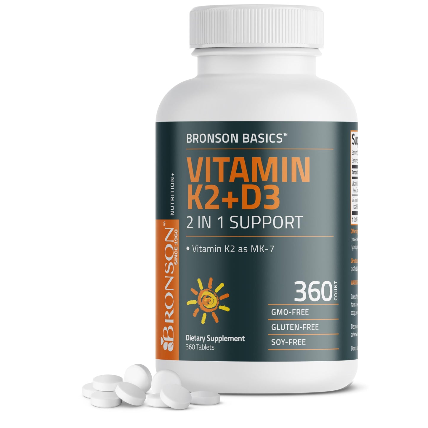 Bronson Vitamin K2 D3 (MK7) Supplement Non-GMO Formula Vitamin D3 5000IU (125 mcg) & 90 mcg K2 MK-7, Easy to Swallow D & K Complex, 120 Tablets