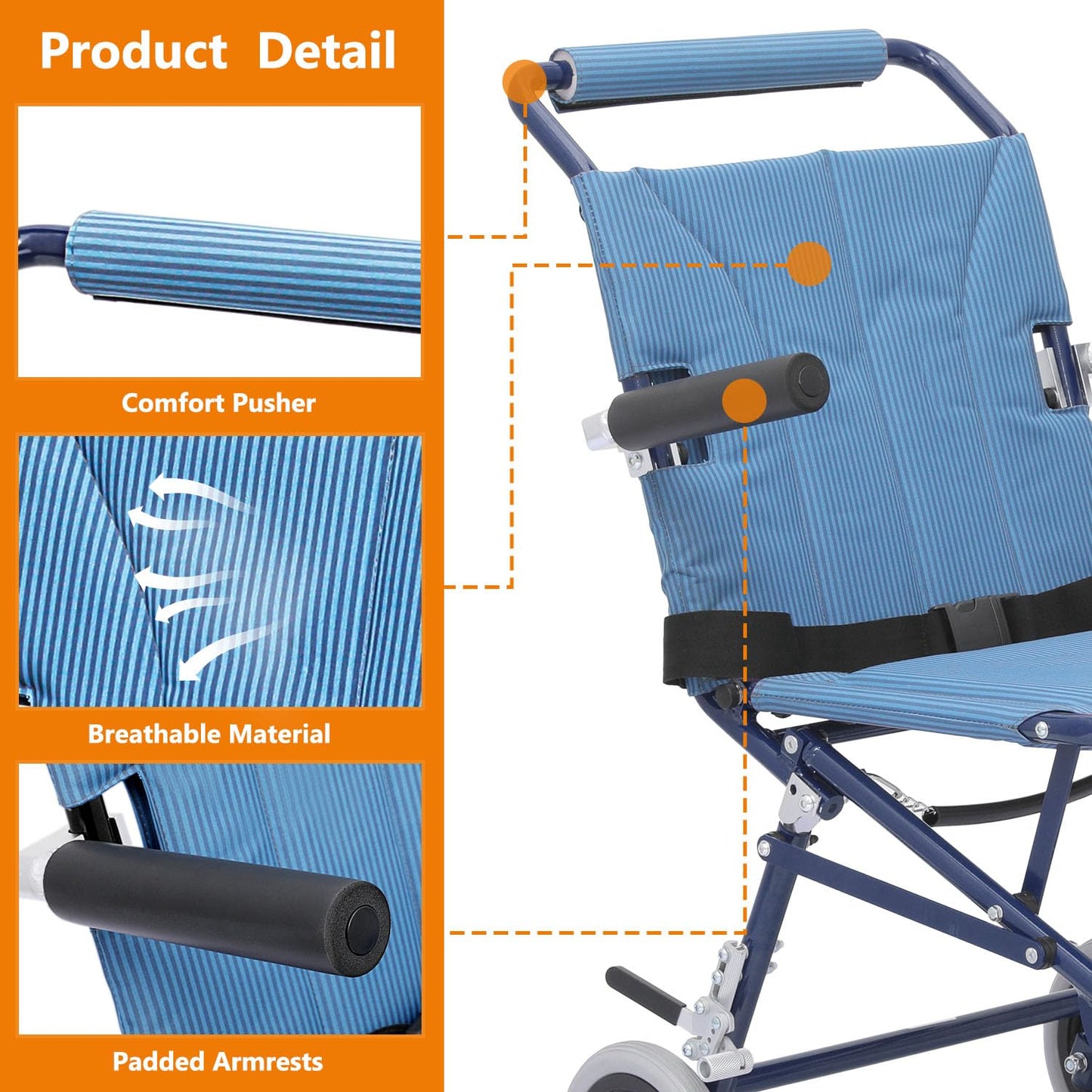Lightweight Foldable Transport Wheelchair with Flip Back Armrest and Foldable Pedal, 18" Wide Seat for Adults Seniors Easy Transfers, 250lbs, Blue