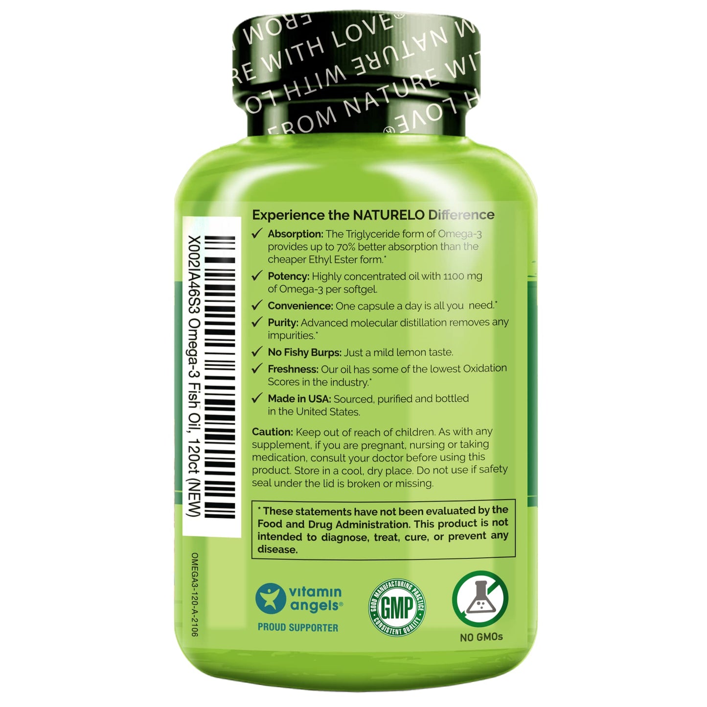 NATURELO Burpless Omega 3 Fish Oil Supplement - 1100mg Triglyceride Omega-3, EPA + DHA, Liquid Fish Oil Omega 3 for Heart, Eye, Brain, Joint Health - 120 Softgels, 4 Months Supply