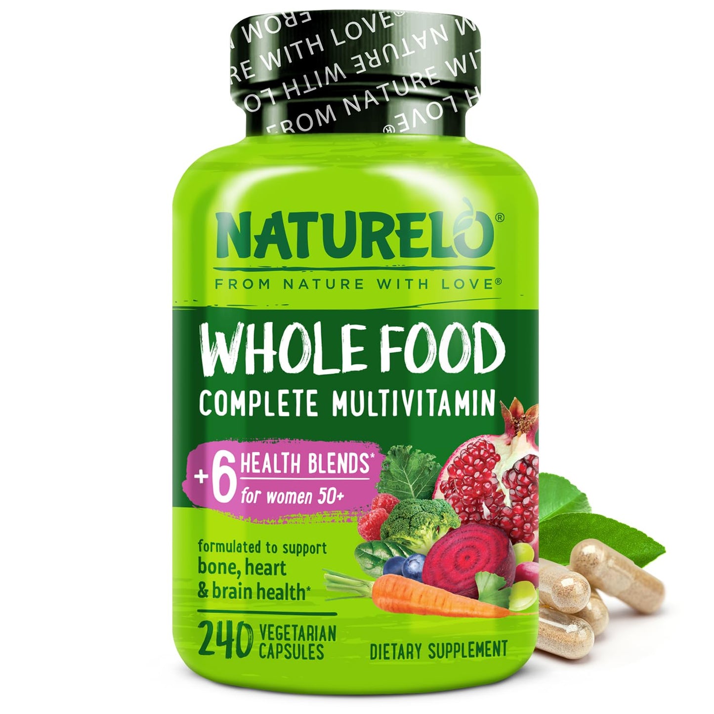 NATURELO Whole Food Multivitamin for Women 50+ (Iron Free) with Vitamins, Minerals, & Organic Extracts - Supplement for Post Menopausal Women Over 50 - No GMO - 120 Vegan Capsules