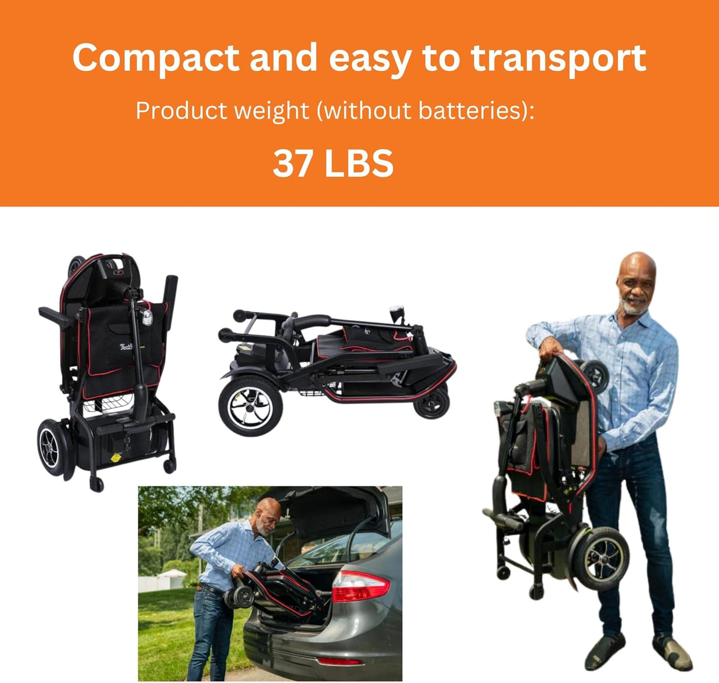 FeatherMobility - Black 4 Wheel Mobility Scooter 37 lb Frame - Long Range Battery, Compact Fold for Travel, with Arm Rests, and Basket - 265 lb Capacity