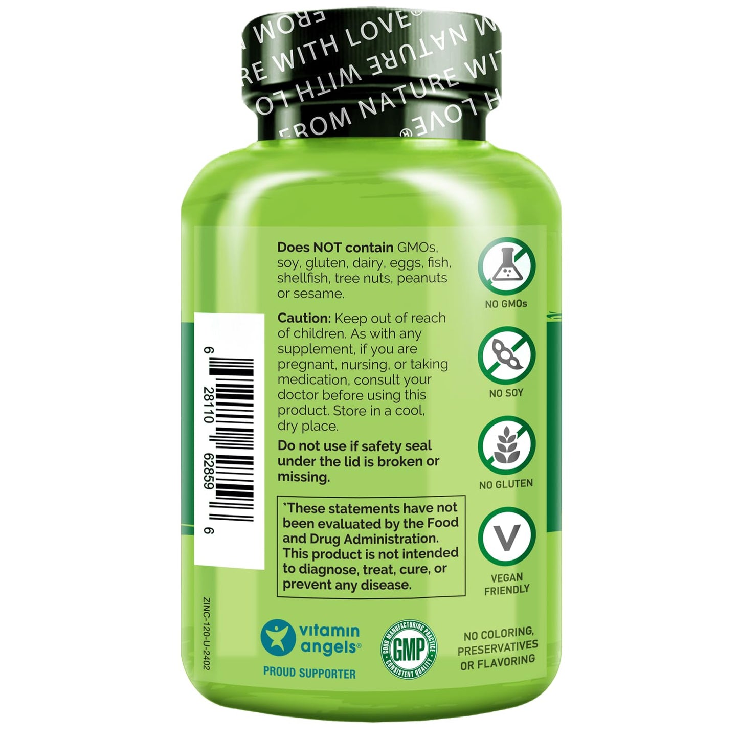 NATURELO Vegan Zinc Immune Support Capsules - Whole Food Complex with Vitamin C for Healthy Skin, Hair, and Nails - 120 Capsules