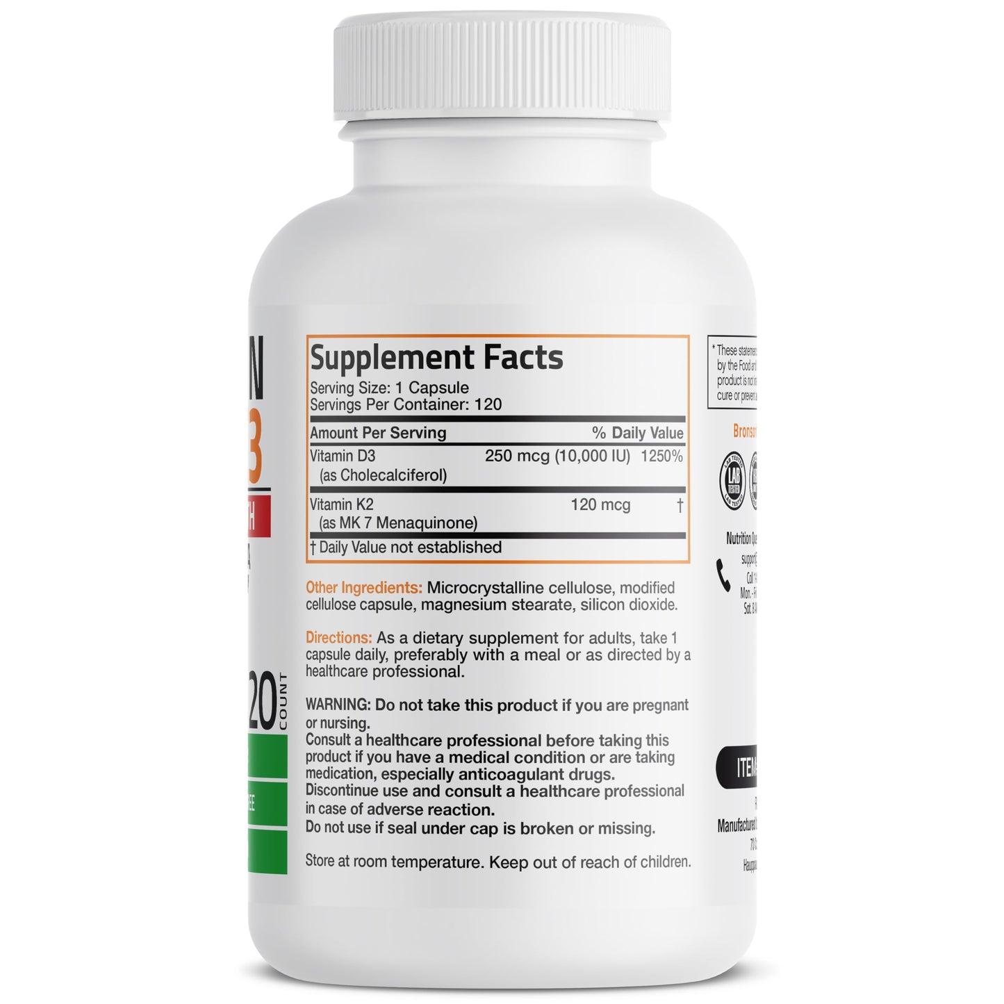 Bronson Vitamin K2 (MK7) with D3 Extra Strength Supplement Bone Health Non-GMO Formula 10,000 IU & 120 mcg MK-7 Easy to Swallow D K, 60 Capsules
