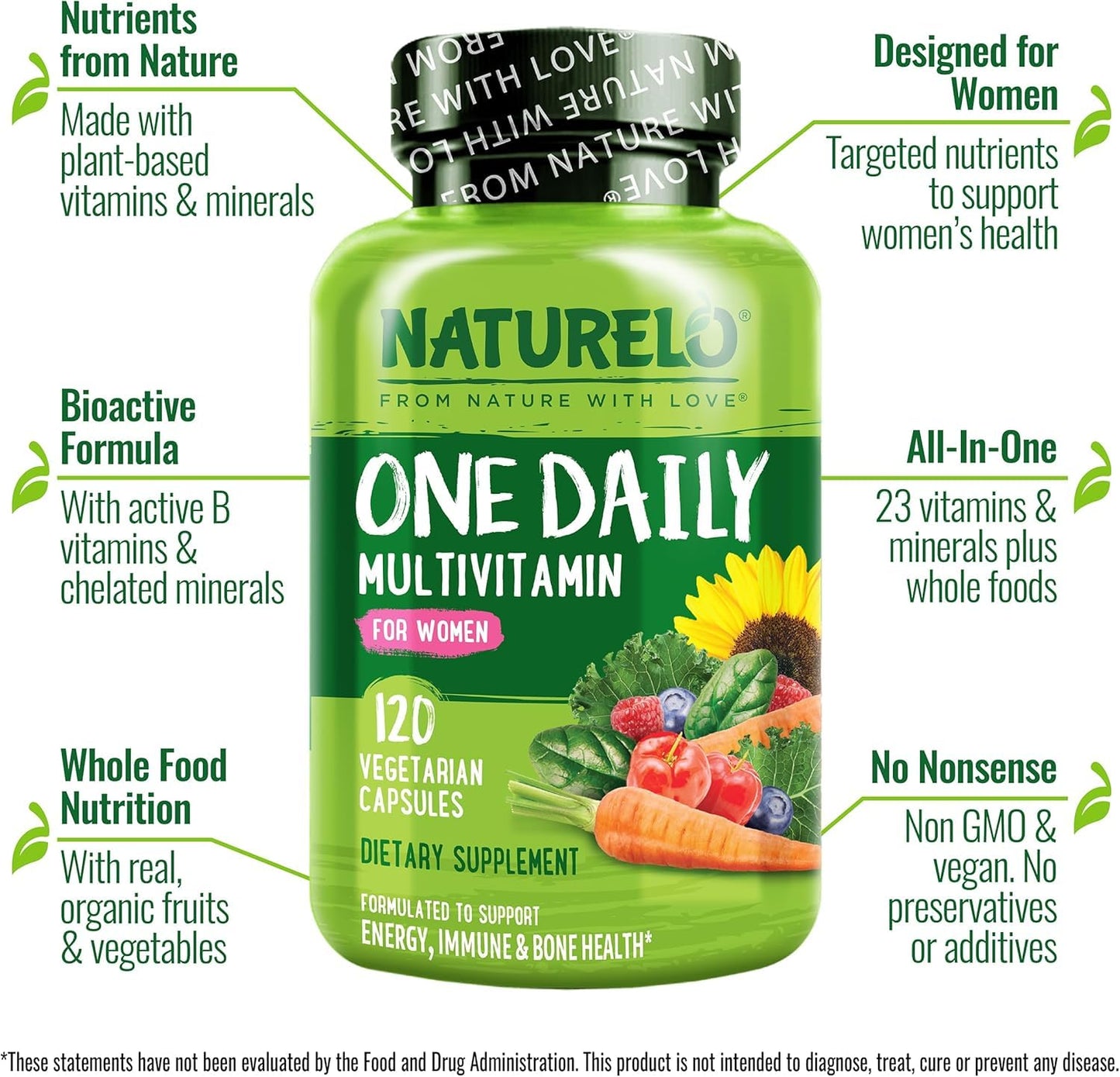 NATURELO One Daily Multivitamin for Women - Energy Support - Whole Food Supplement to Nourish Hair, Skin, Nails - Non-GMO - No Soy - Gluten Free - 60 Capsules - 2 Month Supply