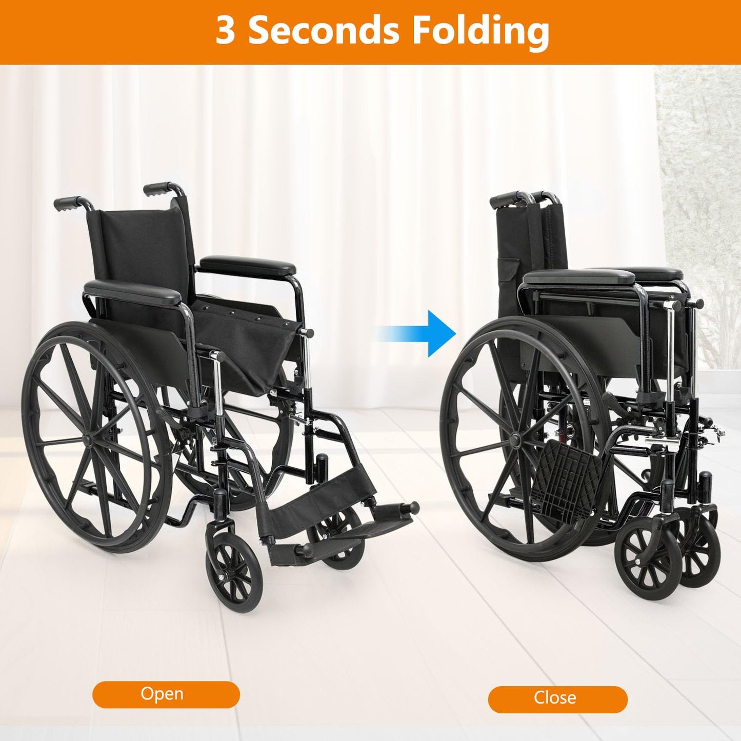Wheelchair, Folding Transport Wheelchair with Swing-Away Foot Rest and Removable Flip Back Armrests, 18" Wide Seat for Adults Seniors Transfers, 300lbs, Black