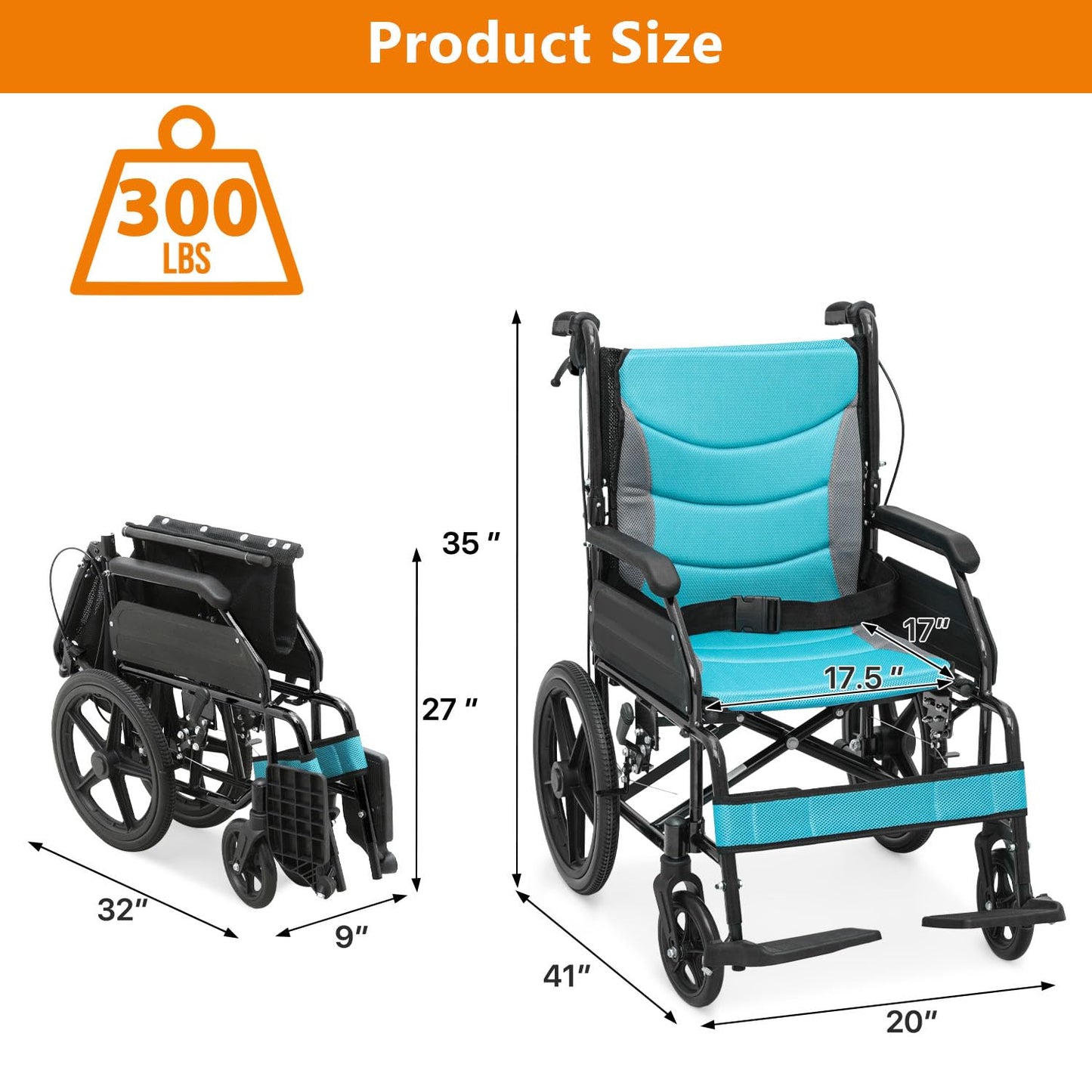 Wheelchair with Handbrakes, Swing-Away Footrests, 17.5" Wide Seat, 15" Rear Wheels, Lightweight Transport Chair for Easy Transfer, Travel, Compact Storage, 250lbs Capacity, Black Frame