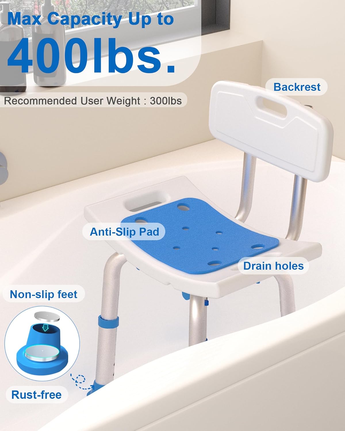 Toilet Safety Rails for Seniors and Shower Chair for Inside Shower with Removable Back