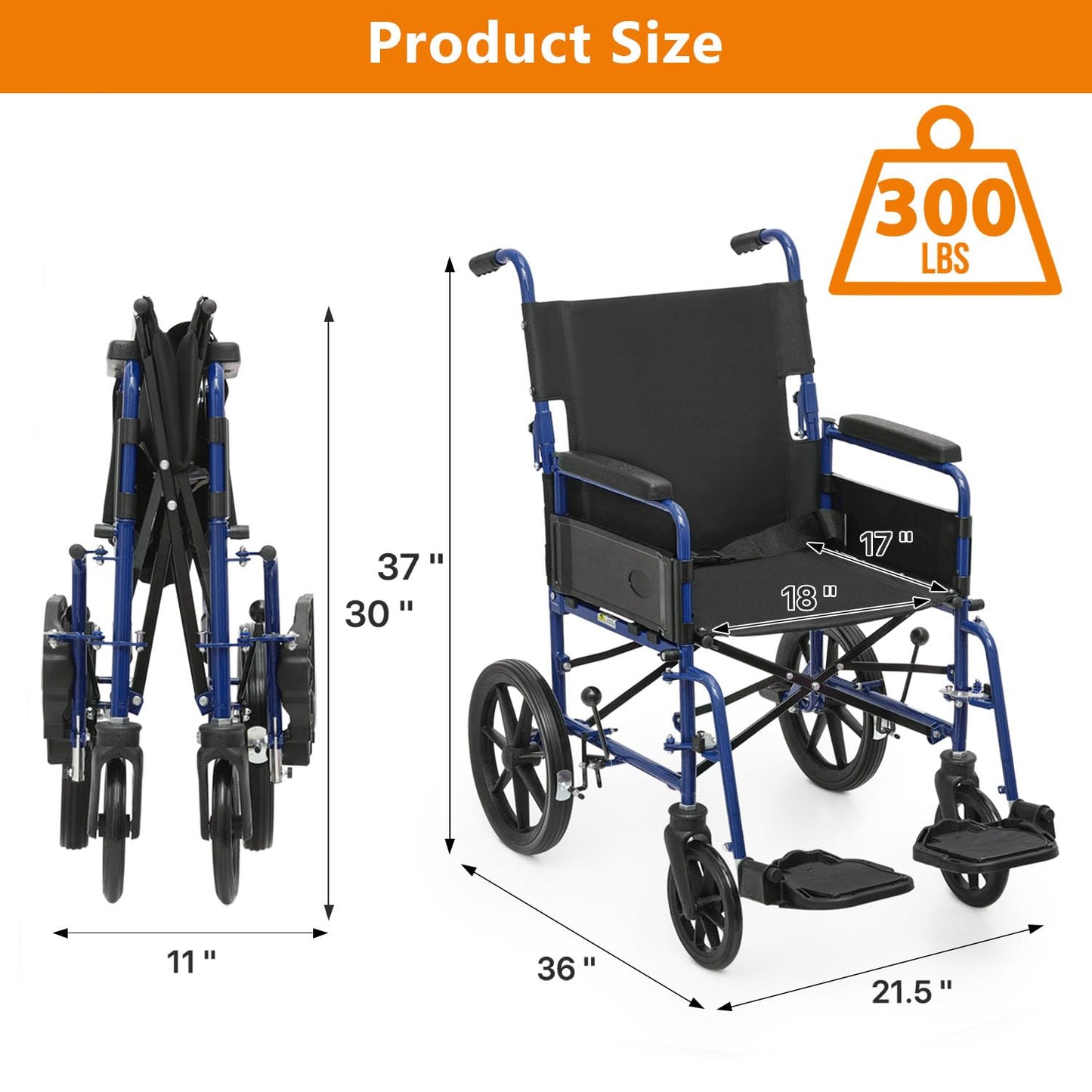 Wheelchair, Folding Transport Wheelchair with Swing-Away Foot Rest and Removable Flip Back Armrests, 18" Wide Seat for Adults Seniors Transfers, 300lbs, Black
