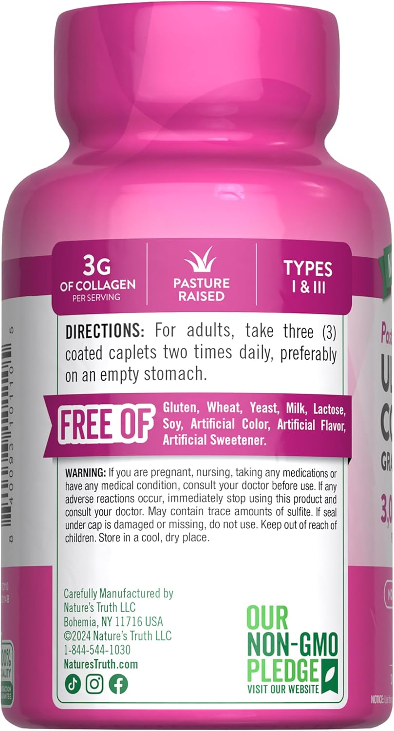 Nature's Truth Collagen Peptides | 90 Caplets | Type 1 and 3 with Vitamin C | Grass Fed, Non-GMO & Gluten Free Supplement