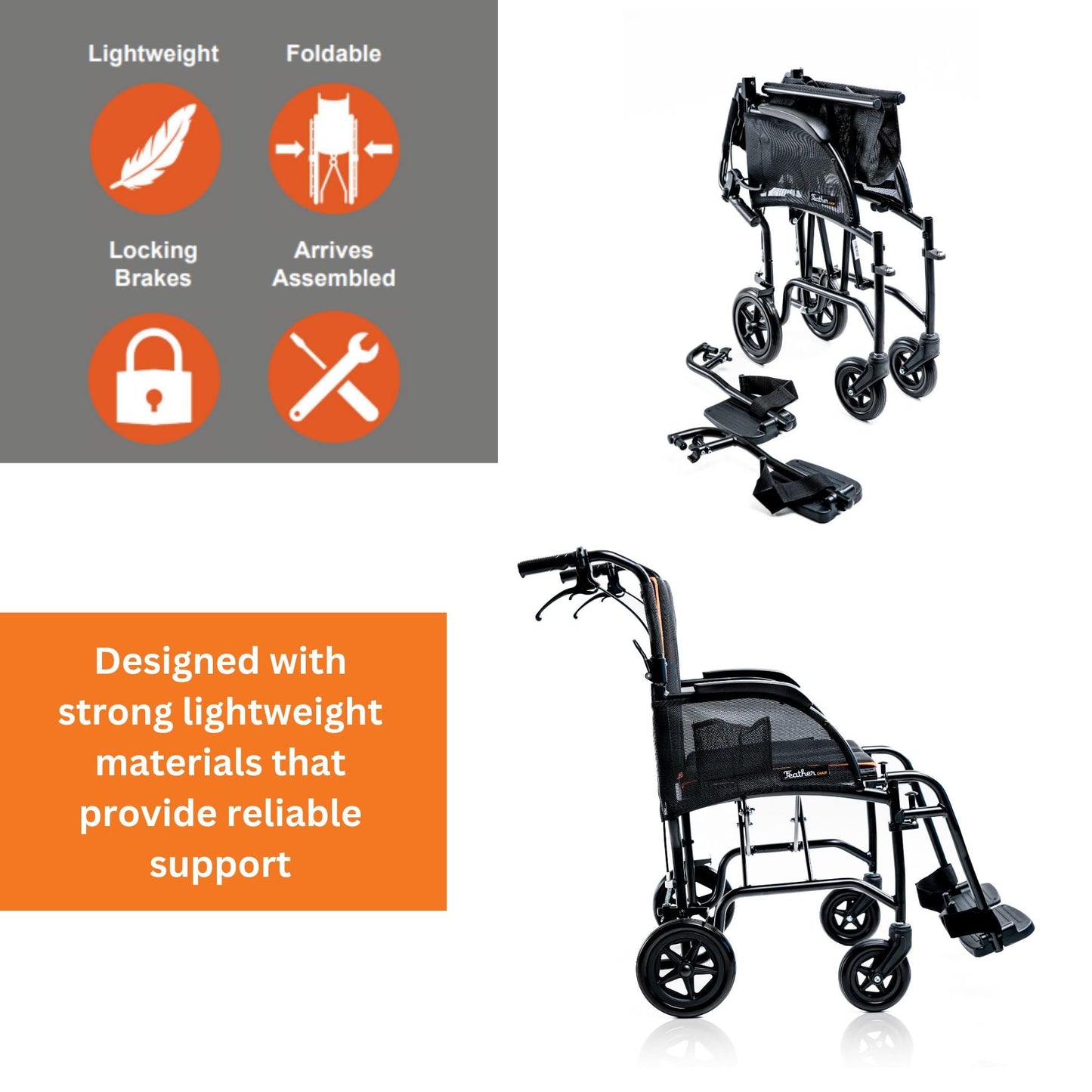 Feather Mobility - 13lb Frame - Black Lightweight Folding Transport Chair - Without Handbrakes - 300 lb Capacity