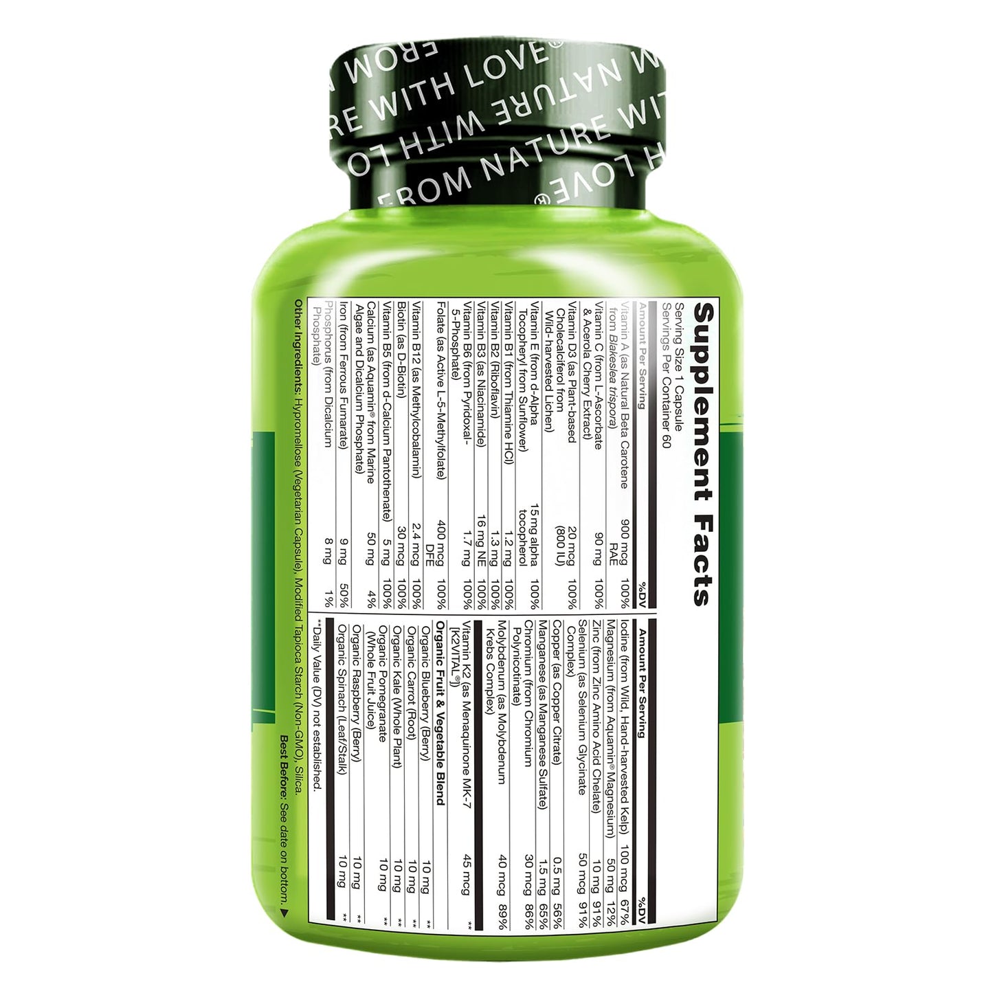 NATURELO One Daily Multivitamin for Women - Energy Support - Whole Food Supplement to Nourish Hair, Skin, Nails - Non-GMO - No Soy - Gluten Free - 60 Capsules - 2 Month Supply