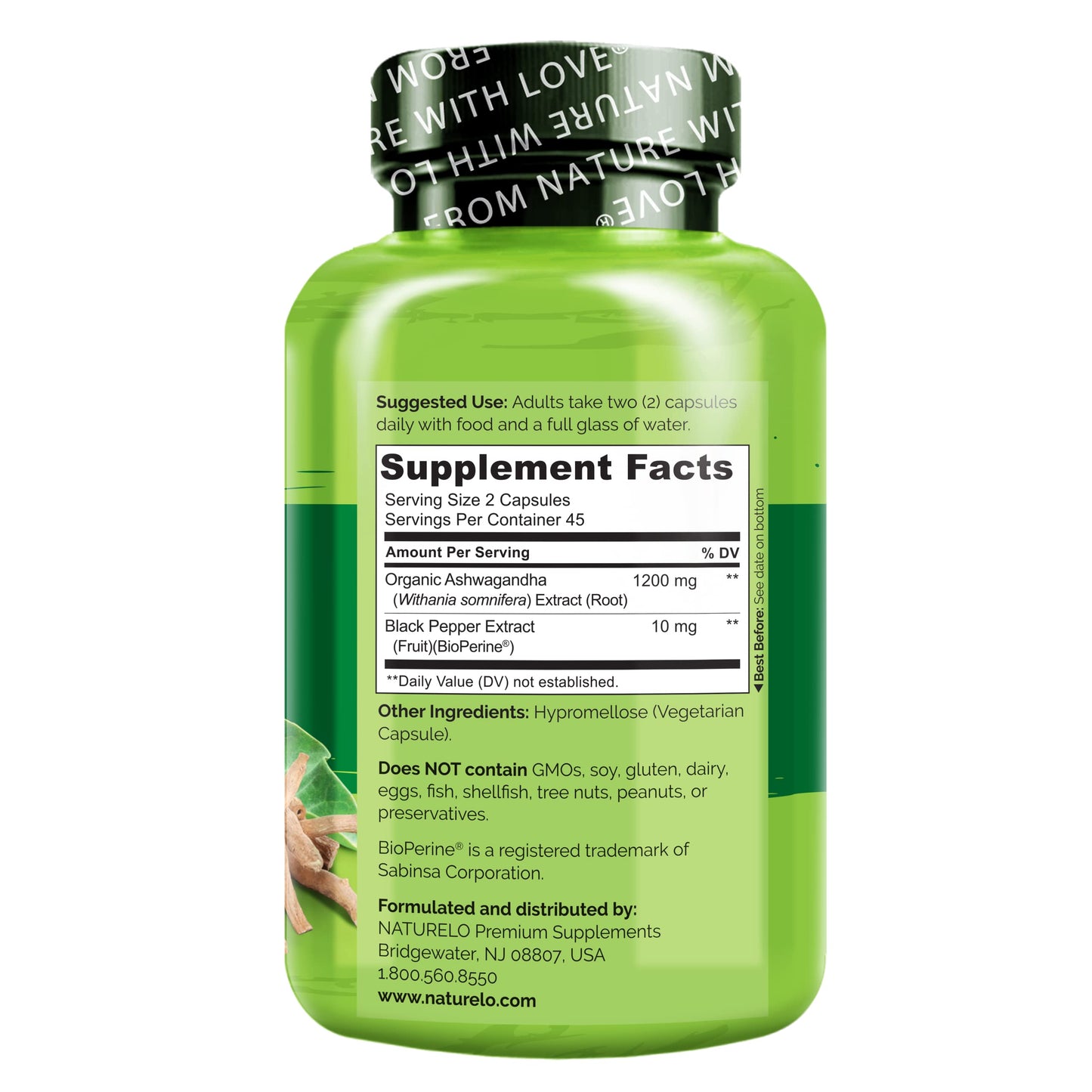 NATURELO Ashwagandha Organic Root Powder - Natural Herbs Supplement for Fatigue, Stress Relief, Mood Enhancer - with Black Pepper Extract - 90 Vegan Capsules