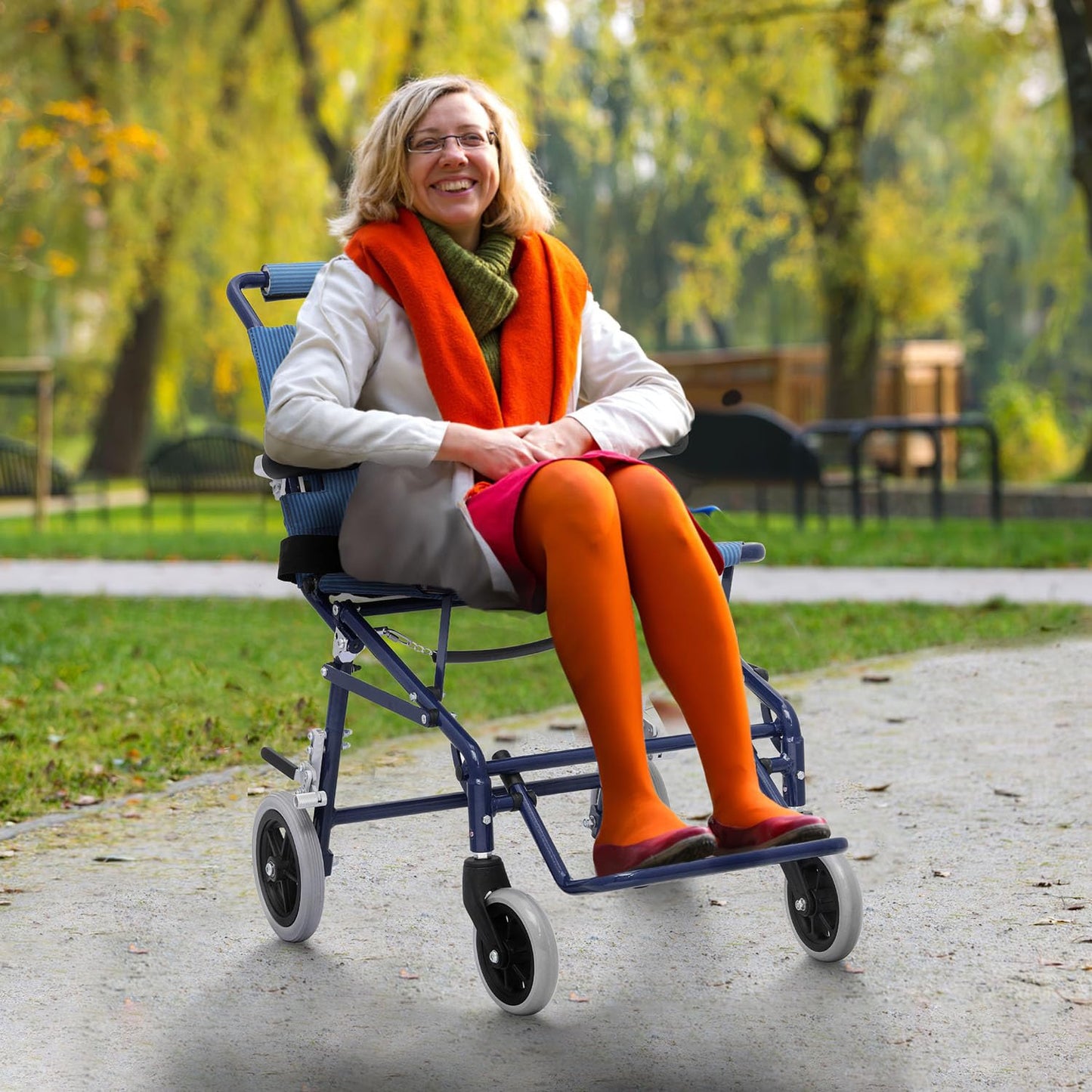 Lightweight Foldable Transport Wheelchair with Flip Back Armrest and Foldable Pedal, 18" Wide Seat for Adults Seniors Easy Transfers, 250lbs, Blue