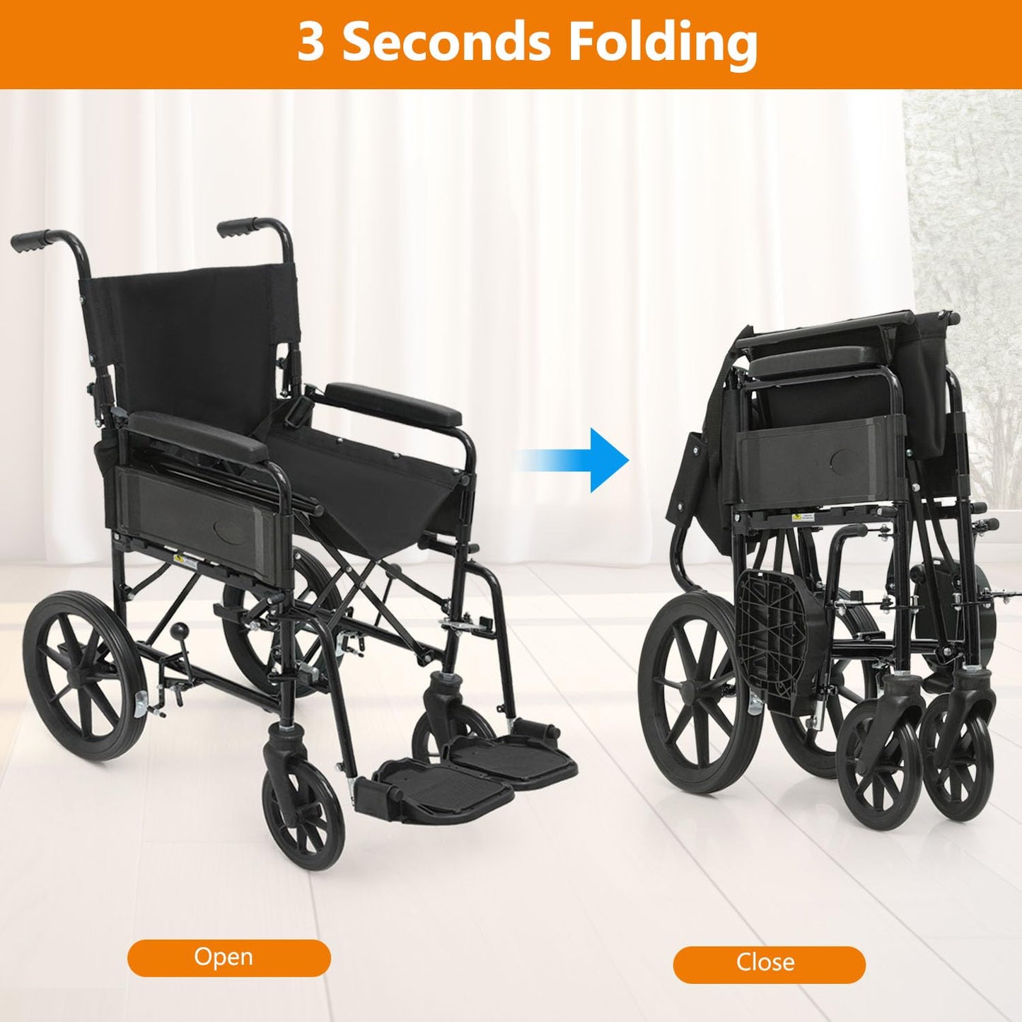 Wheelchair, Folding Transport Wheelchair with Swing-Away Foot Rest and Removable Flip Back Armrests, 18" Wide Seat for Adults Seniors Transfers, 300lbs, Black