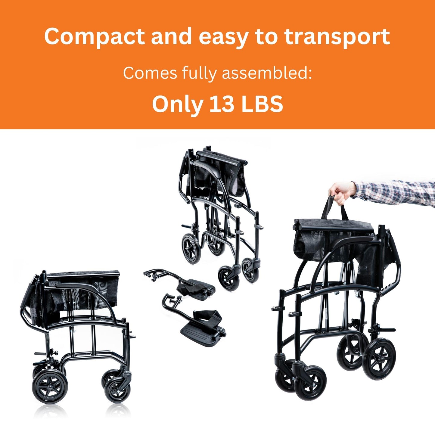 Feather Mobility - 13lb Frame - Black Lightweight Folding Transport Chair - Without Handbrakes - 300 lb Capacity
