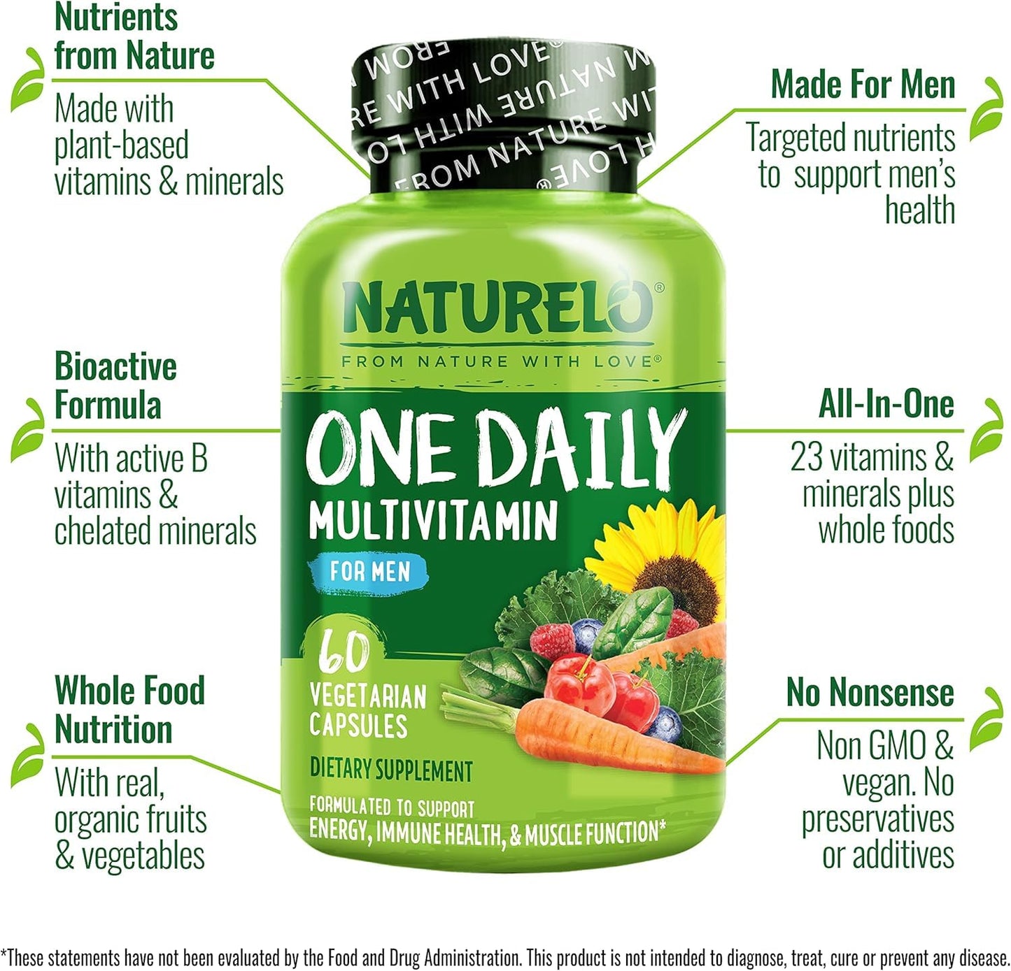 NATURELO Mens Multivitamins - One Daily Multivitamin for Men with Vitamins, Minerals & Organic Whole Foods, Boost Energy & Health, Non-GMO, 120 Vegetarian Capsules