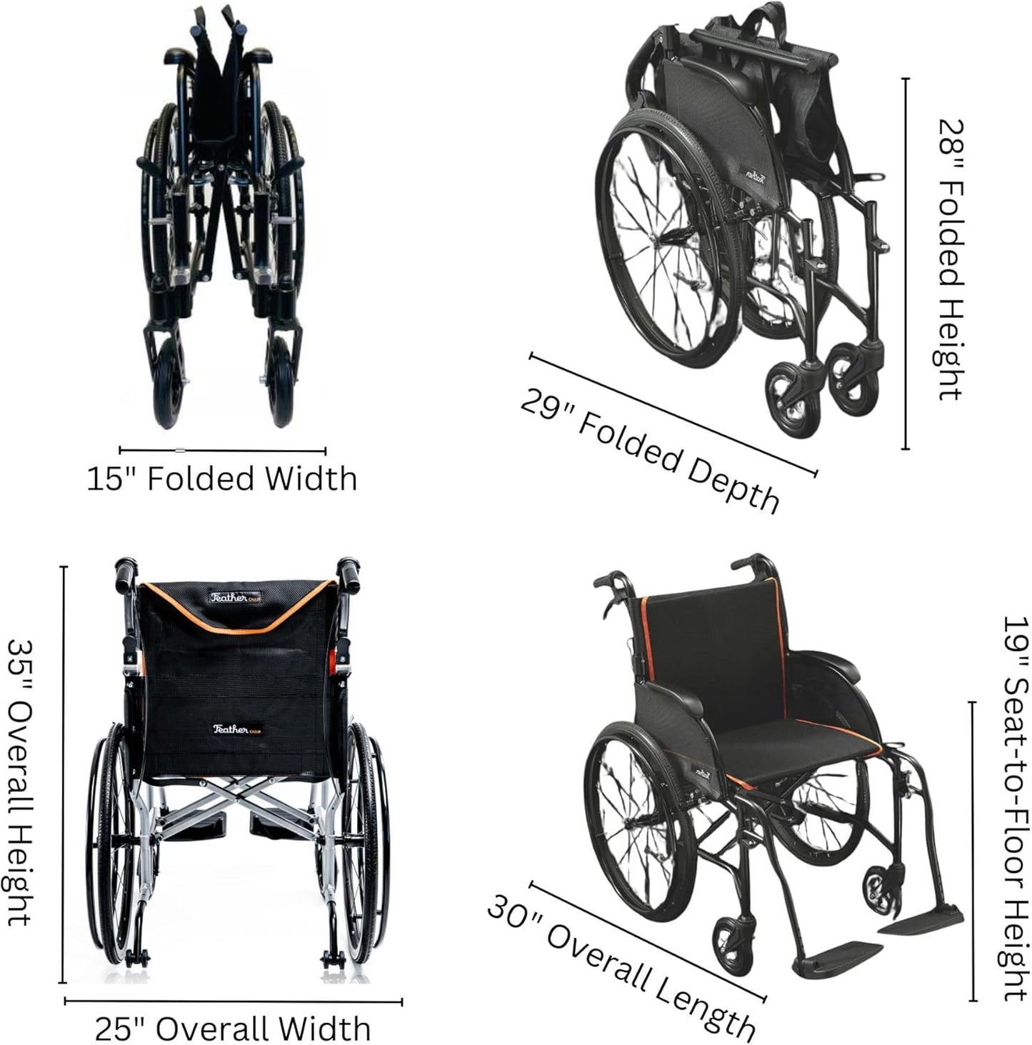 FeatherMobility - 13.5lb Frame - Black Cushion Black Frame Lightweight Folding Wheelchair - with Swingaway Legrests, Anti-tippers, and Quick Release Wheels