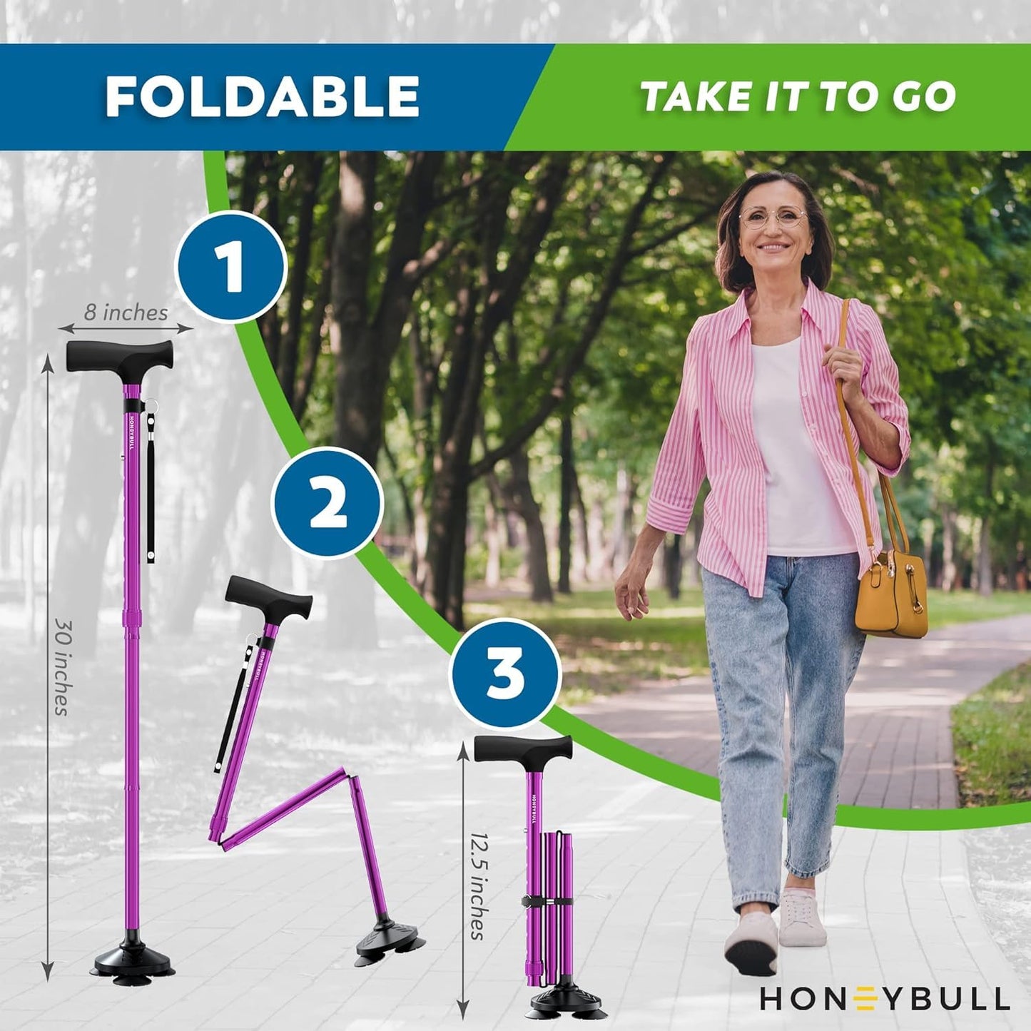 HONEYBULL Walking Cane for Men & Women – Foldable, Adjustable & Heavy-Duty Mobility Aid