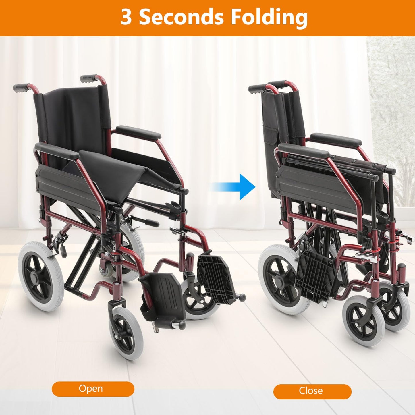 Wheelchair, Heavy Duty Folding Transport Wheelchair with Swing-Away Foot Rest and Removable Flip Back Armrests, 17" Wide Seat for Adults Seniors Easy Transfers, 300lbs, Red