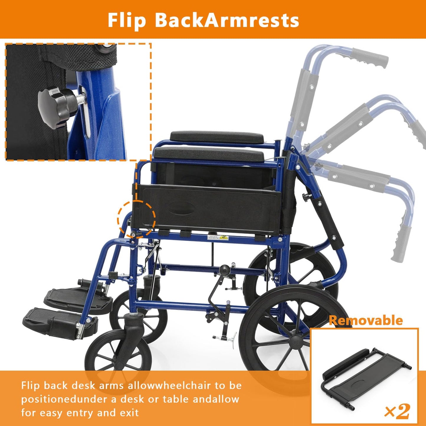 Wheelchair, Folding Transport Wheelchair with Swing-Away Foot Rest and Removable Flip Back Armrests, 18" Wide Seat for Adults Seniors Transfers, 300lbs, Black