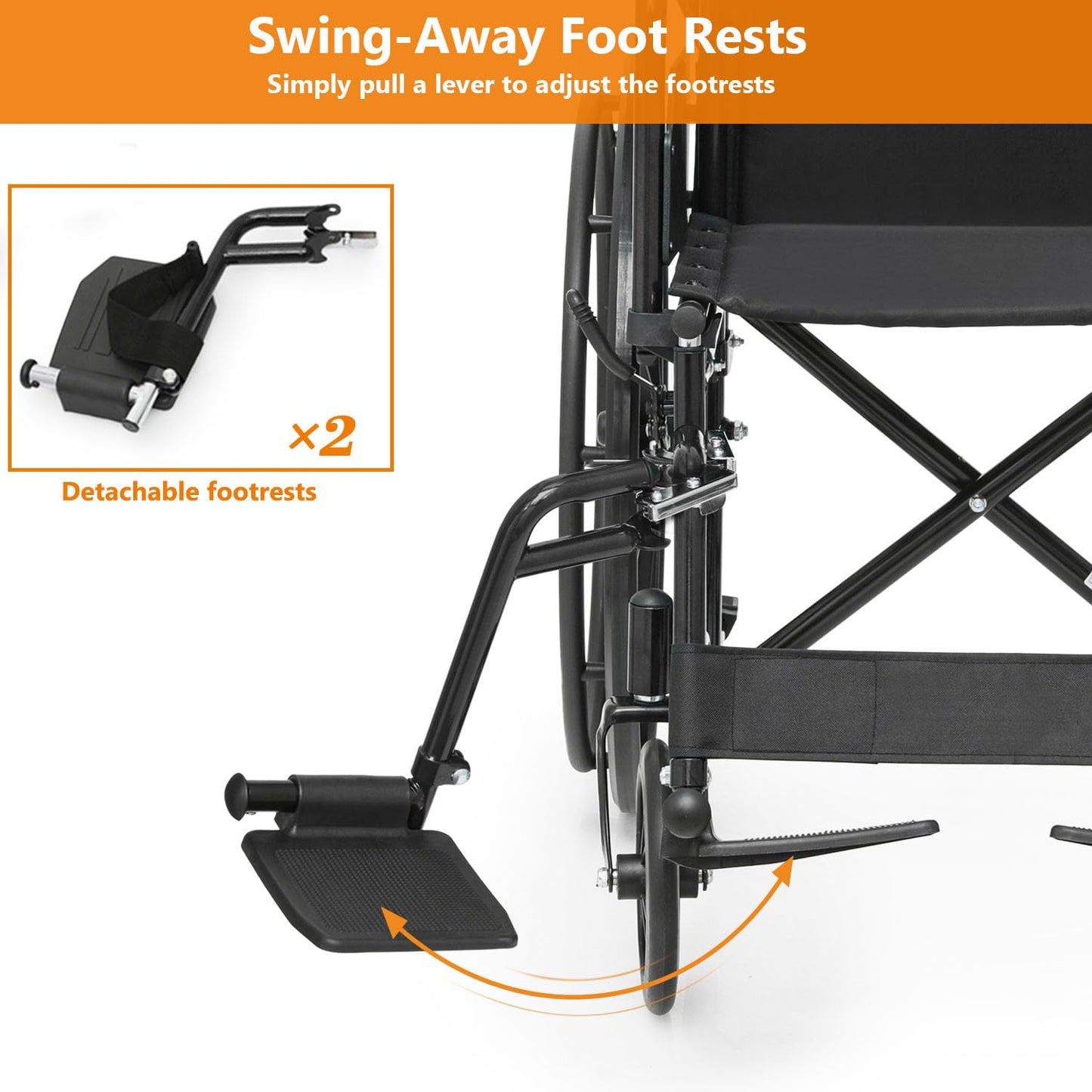 Wheelchair, Folding Transport Wheelchair with Swing-Away Foot Rest and Removable Flip Back Armrests, 18" Wide Seat for Adults Seniors Transfers, 300lbs, Black