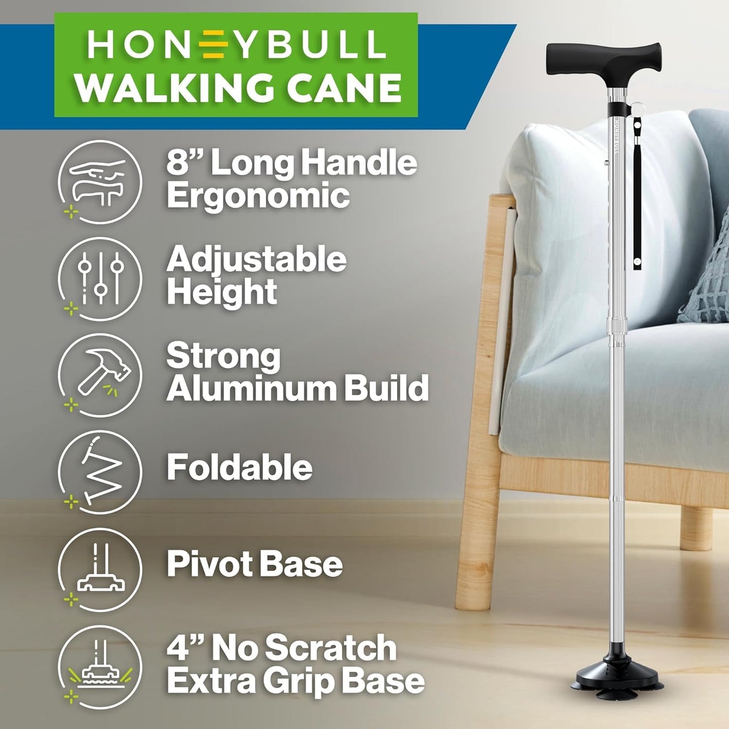 HONEYBULL Walking Cane for Men & Women – Foldable, Adjustable & Heavy-Duty Mobility Aid