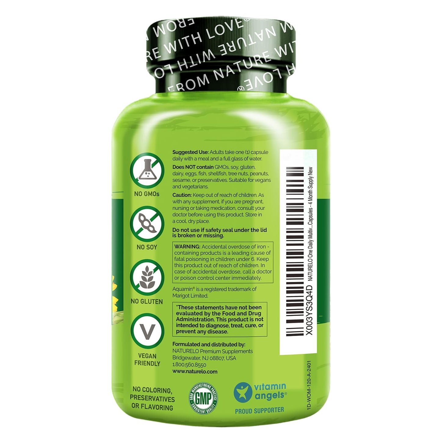 NATURELO One Daily Multivitamin for Women - Energy Support - Whole Food Supplement to Nourish Hair, Skin, Nails - Non-GMO - No Soy - Gluten Free - 60 Capsules - 2 Month Supply