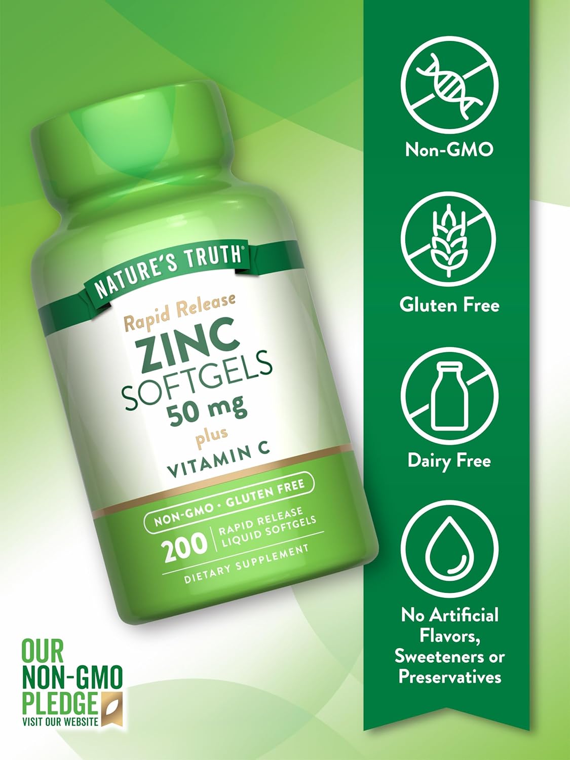 Nature's Truth Zinc 50mg Supplement | with Vitamin C | 200 Liquid Softgels | Non-GMO & Gluten Free