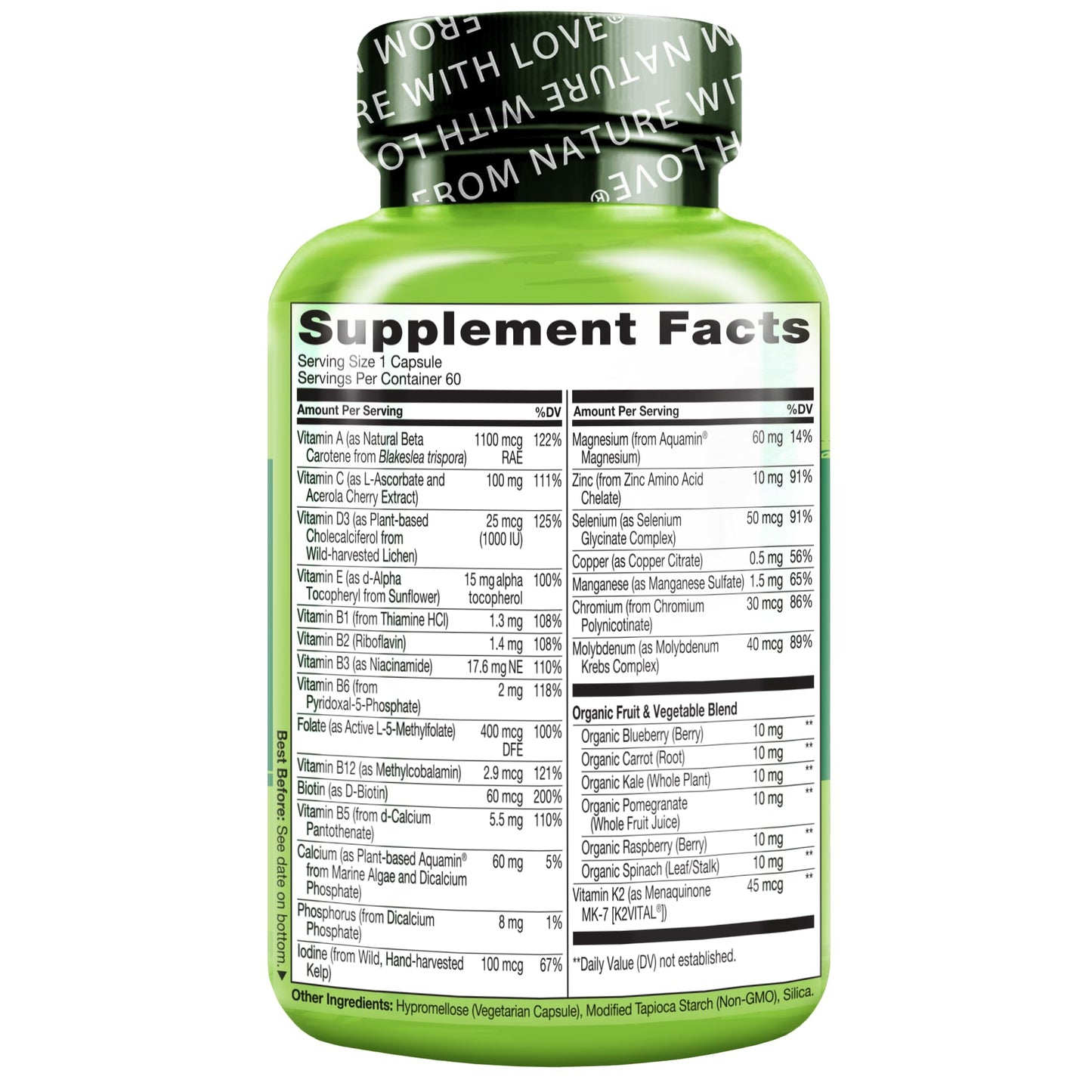 NATURELO Mens Multivitamins for Men 50+ - One Daily Multivitamin for Men with Vitamins, Minerals & Organic Whole Foods, Boost Energy & Health, Non-GMO, 60 Vegetarian Capsules