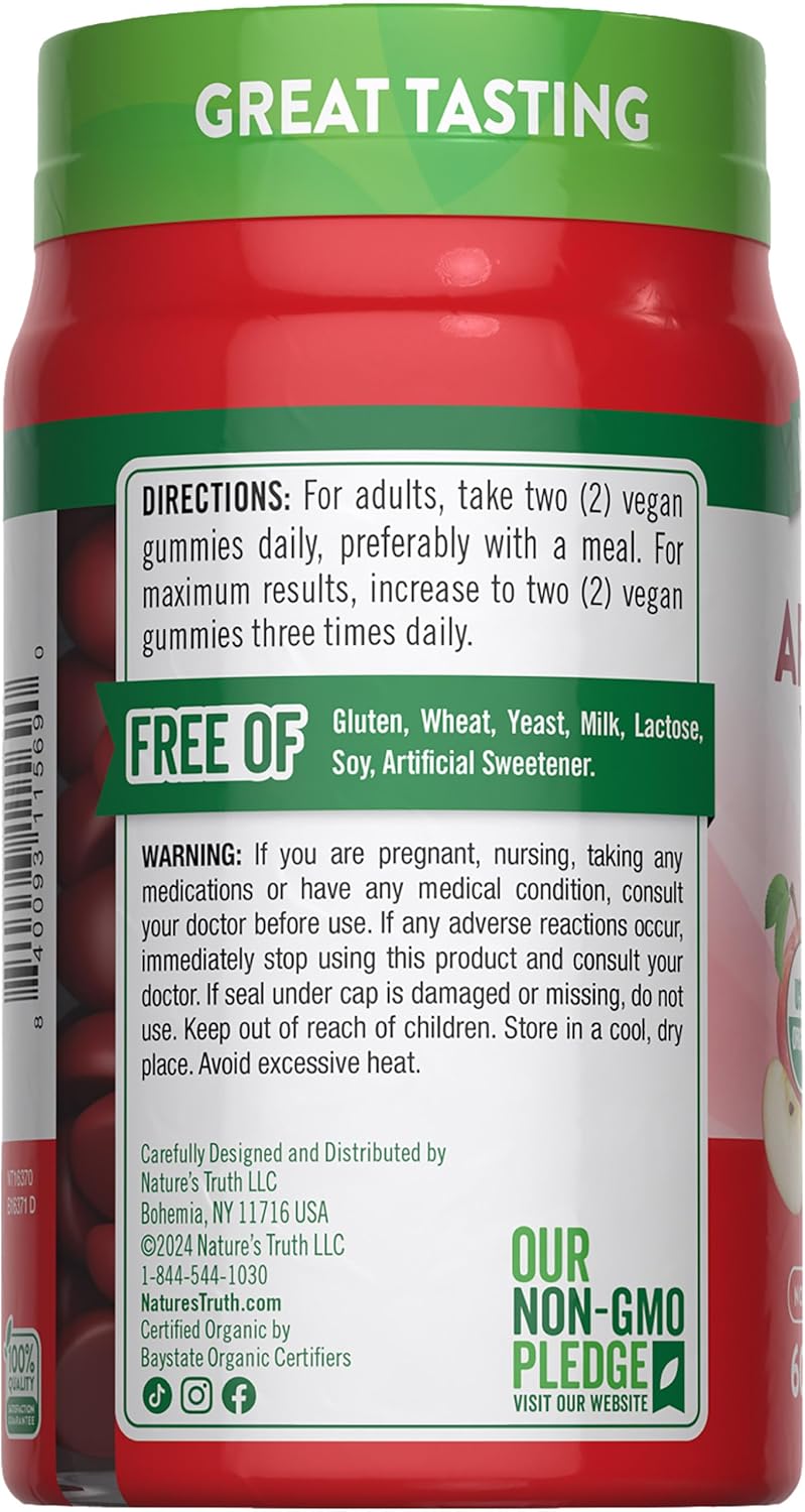 Nature's Truth Organic Apple Cider Vinegar Gummies | 60 Count | Vegan, Gluten Free & Non-GMO Supplement | USDA Organic | Apple Flavor