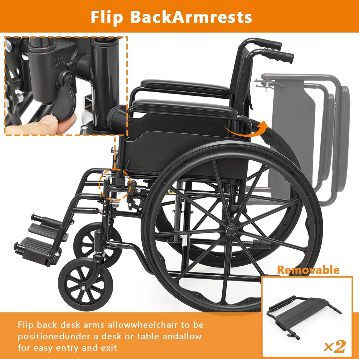 Wheelchair, Folding Transport Wheelchair with Swing-Away Foot Rest and Removable Flip Back Armrests, 18" Wide Seat for Adults Seniors Transfers, 300lbs, Black