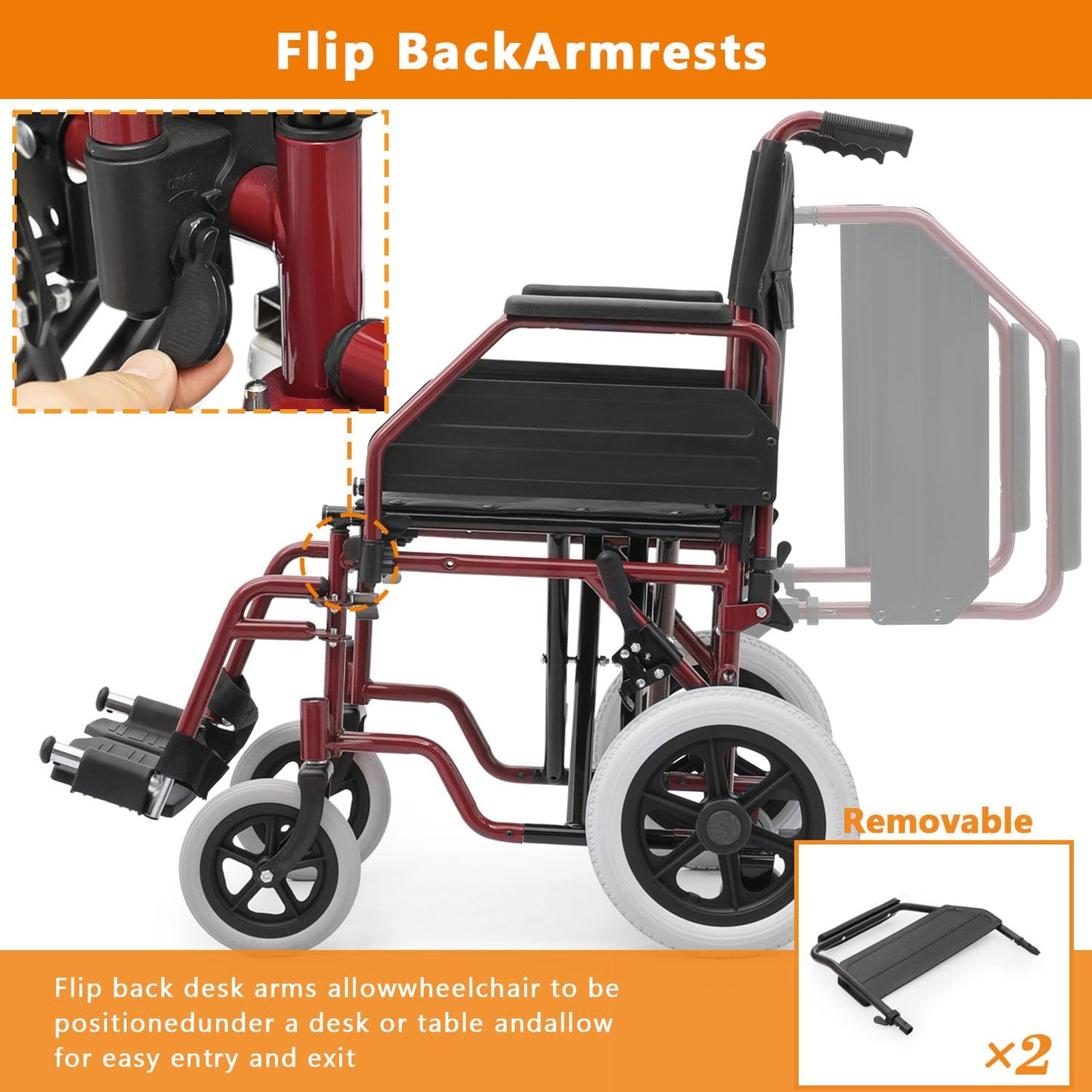 Wheelchair, Heavy Duty Folding Transport Wheelchair with Swing-Away Foot Rest and Removable Flip Back Armrests, 17" Wide Seat for Adults Seniors Easy Transfers, 300lbs, Red