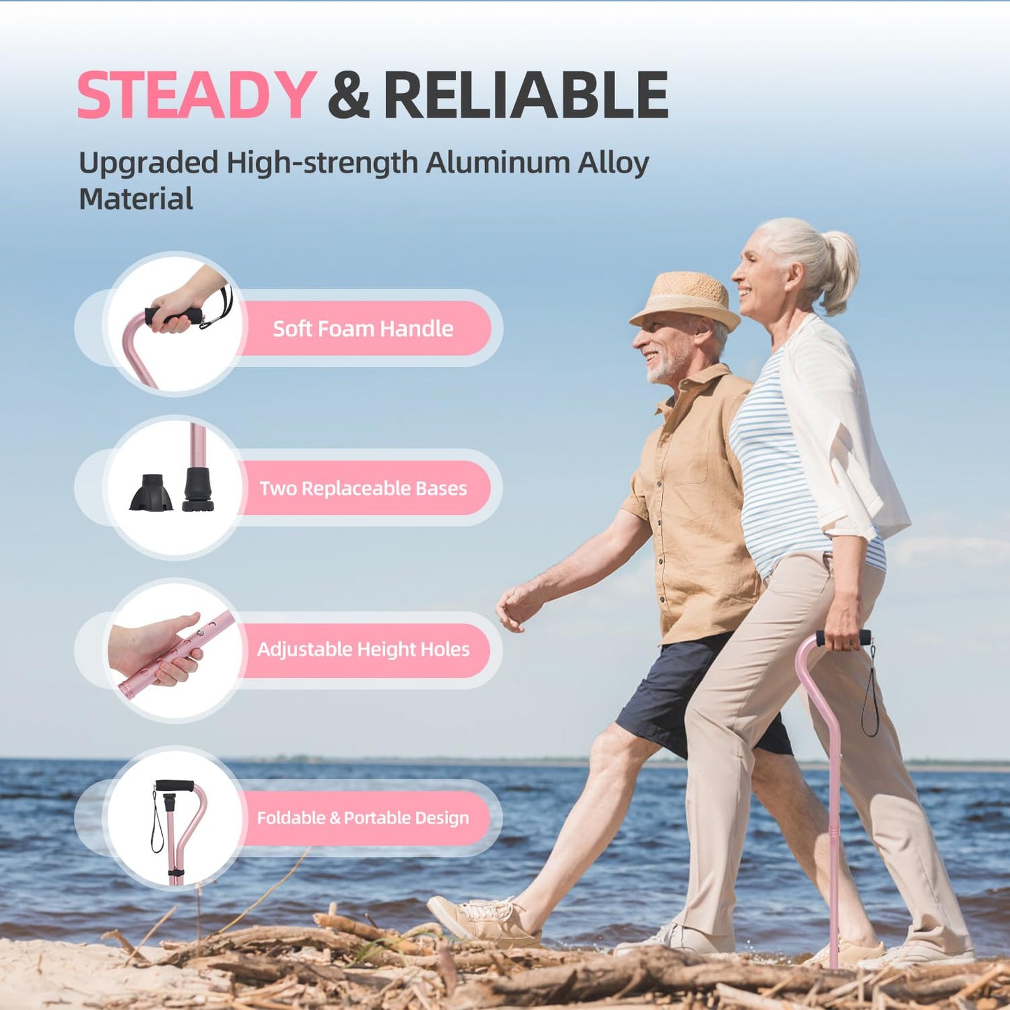 BeneCane Walking Cane for Men & Women Adjustable Cane with Offset Soft Cushioned Handle -Portable Lightweight Sturdy Mobility Walker Aid for Elderly, Seniors Collapsible Cane