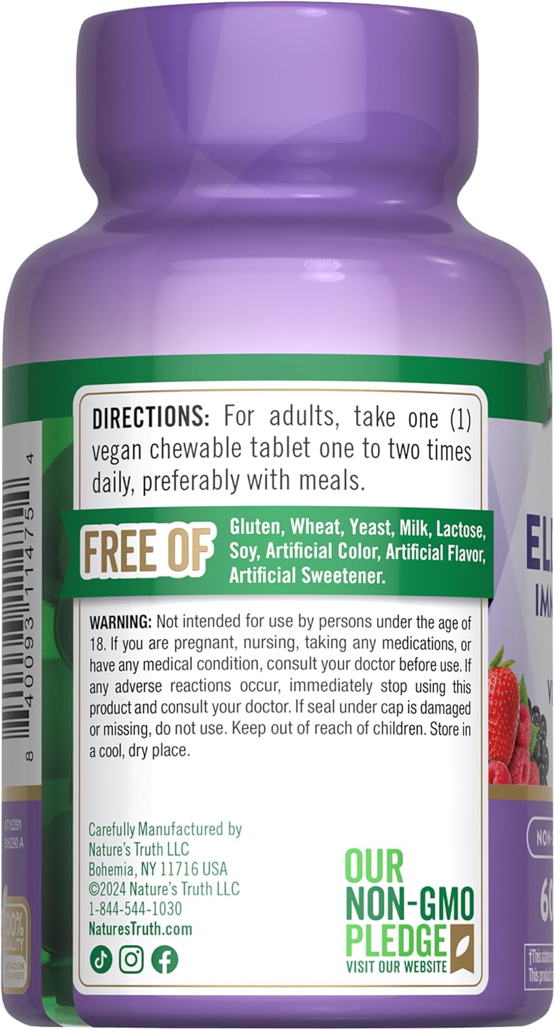 Nature's Truth Elderberry Immune Complex | 60 Chewable Tablets | Plus Vitamin C & Zinc | Mixed Berry | Vegan, Non-GMO, & Gluten Free Supplement