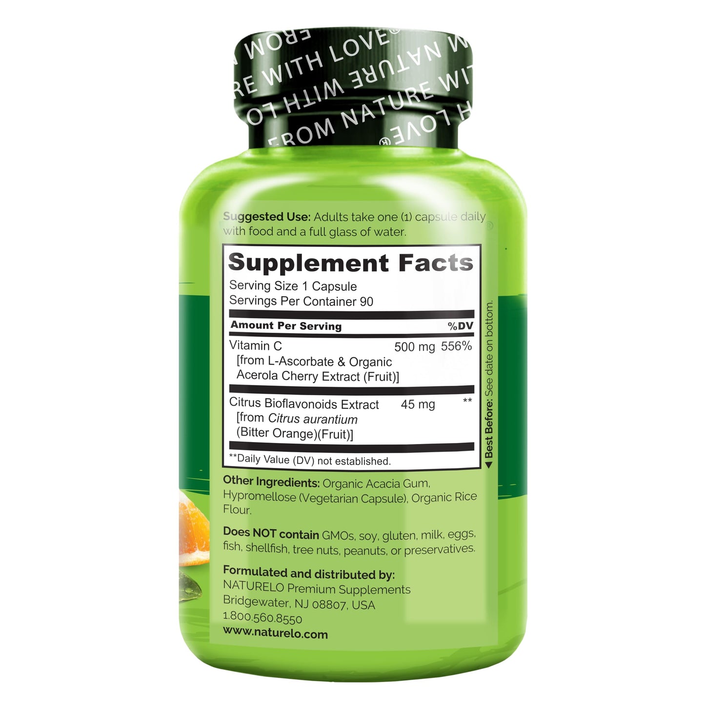 NATURELO Vitamin C with Organic Acerola Cherry Extract and Citrus Bioflavonoids - Vegan Supplement - Immune Support - 500 mg VIT C per Cap - Non-GMO - 90 Capsules